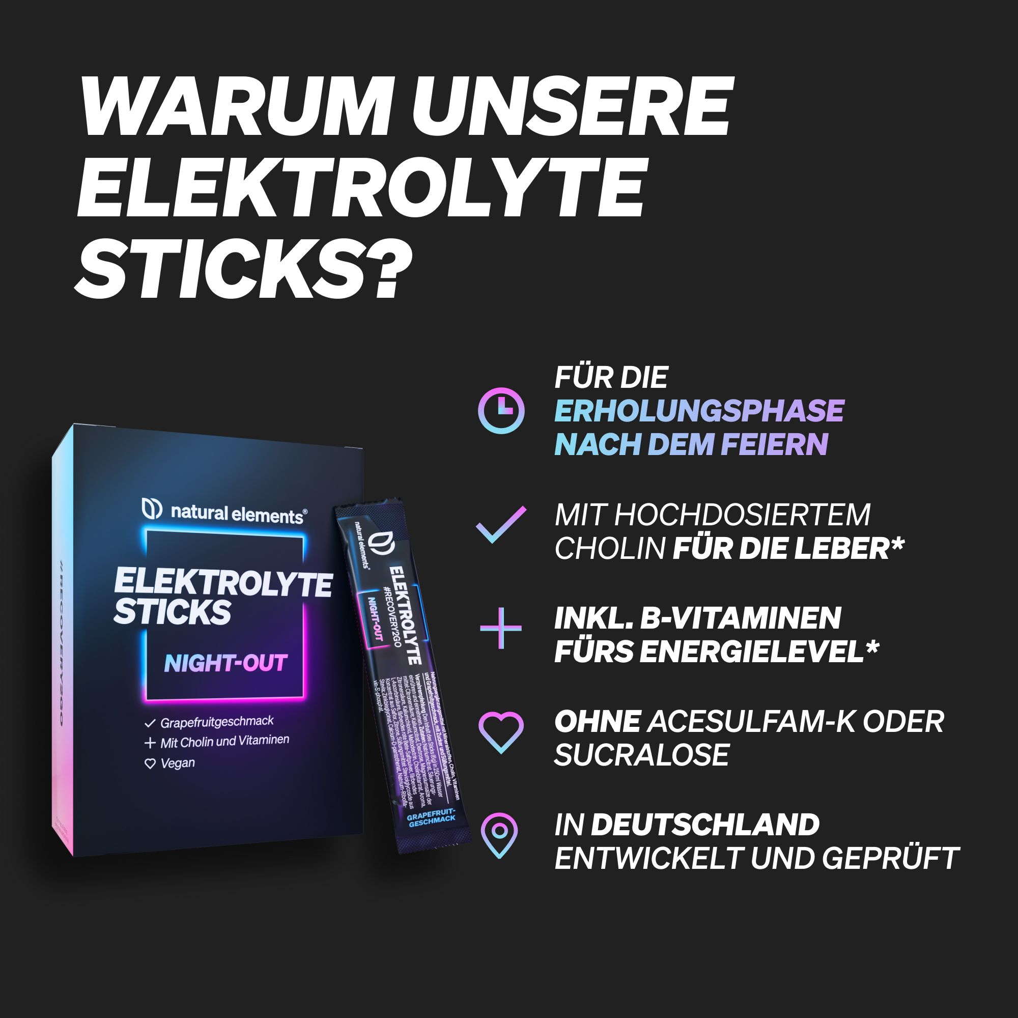Produktverpackung und Stick. Aufschrift: natural elements Elektrolyte Sticks Night-Out. Vorteile: Erholungsphase, Cholin, B-Vitamine, ohne Sucralose.