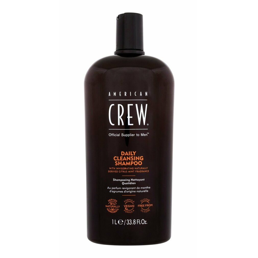 American Crew Daily Cleansing Shampoo, 1L Flasche. Dunkelbraune Verpackung mit schwarzem Verschluss.
