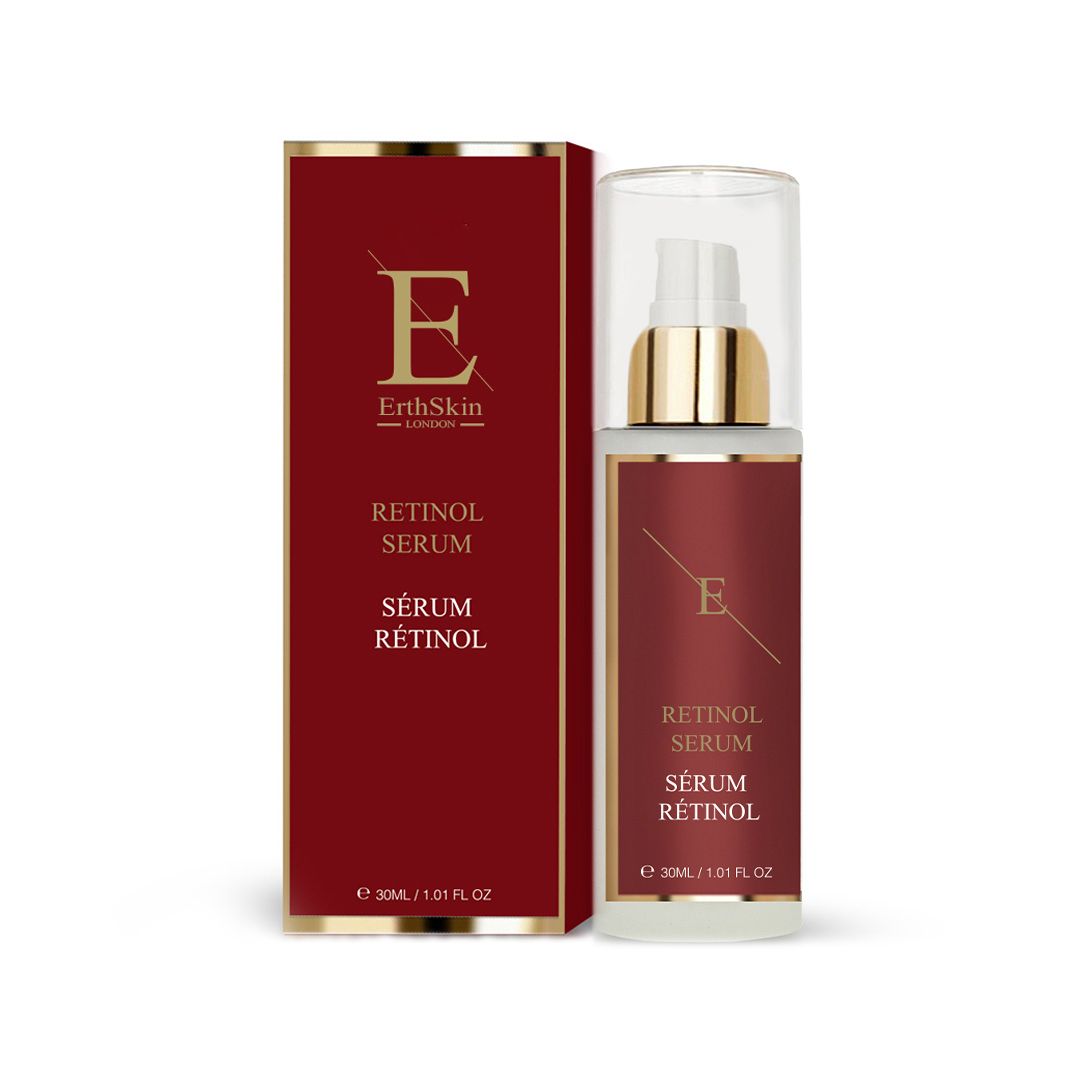 Serumflasche und Verpackung. Rotes Etikett mit Text: Retinol Serum, Sérum Rétinol. Goldfarbener Deckel.