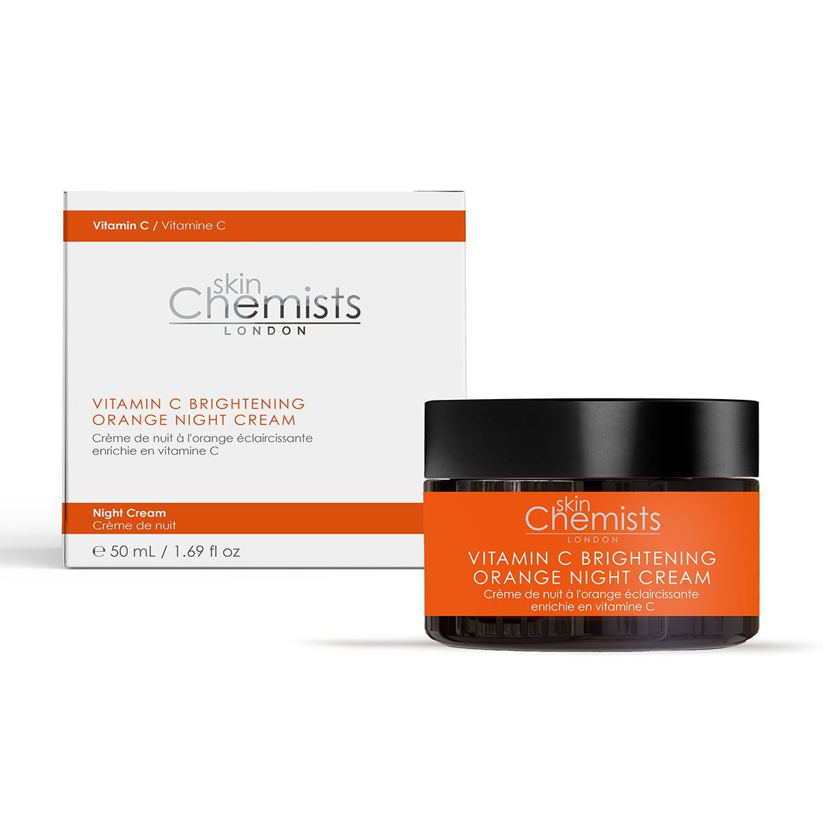 Creme in einem schwarzen Tiegel mit orangefarbenem Etikett. Auf dem Etikett steht "Vitamin C Brightening Orange Night Cream".