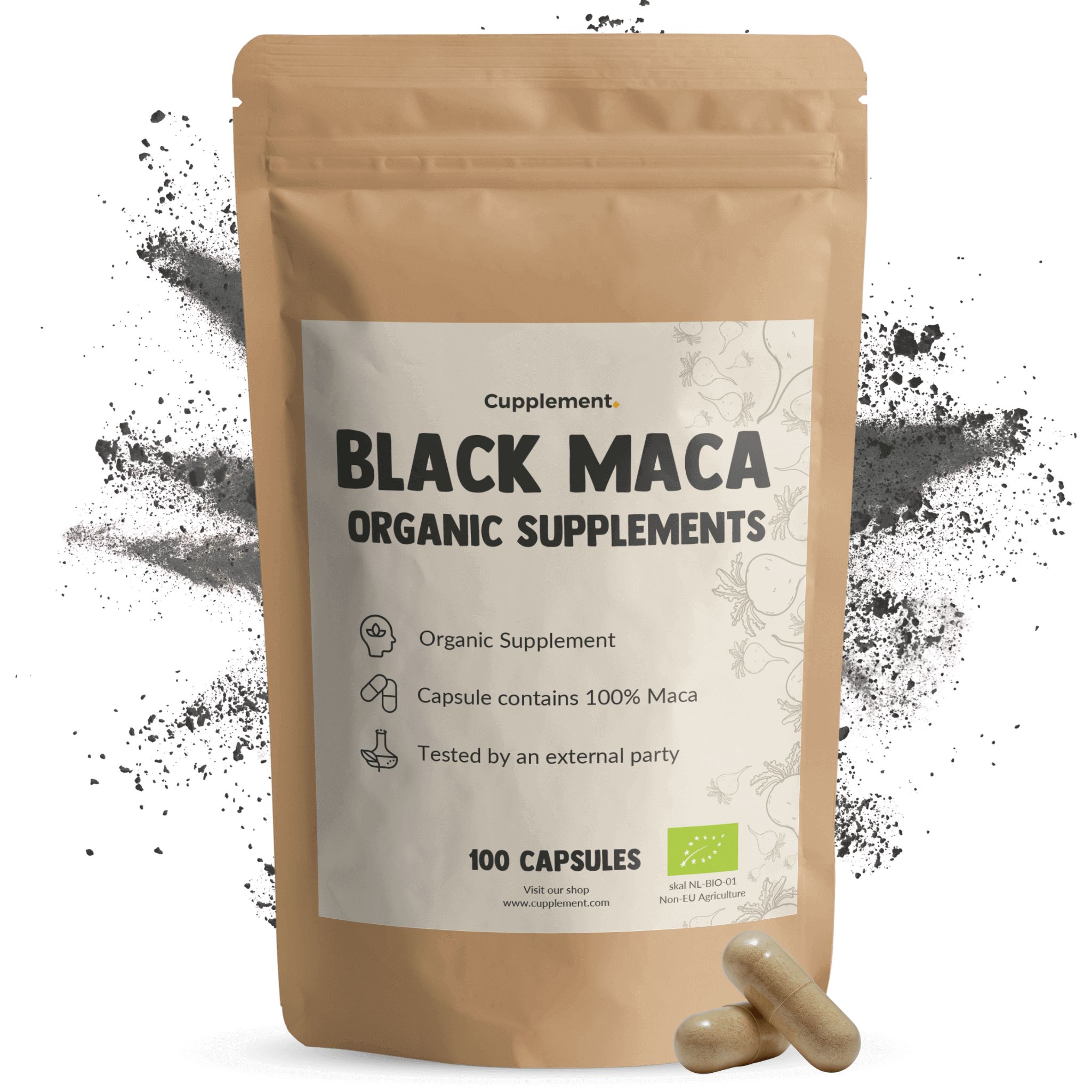 Beutel mit Kapseln. Aufschrift: Black Maca Organic Supplements. 100 Kapseln. Bio-Siegel.