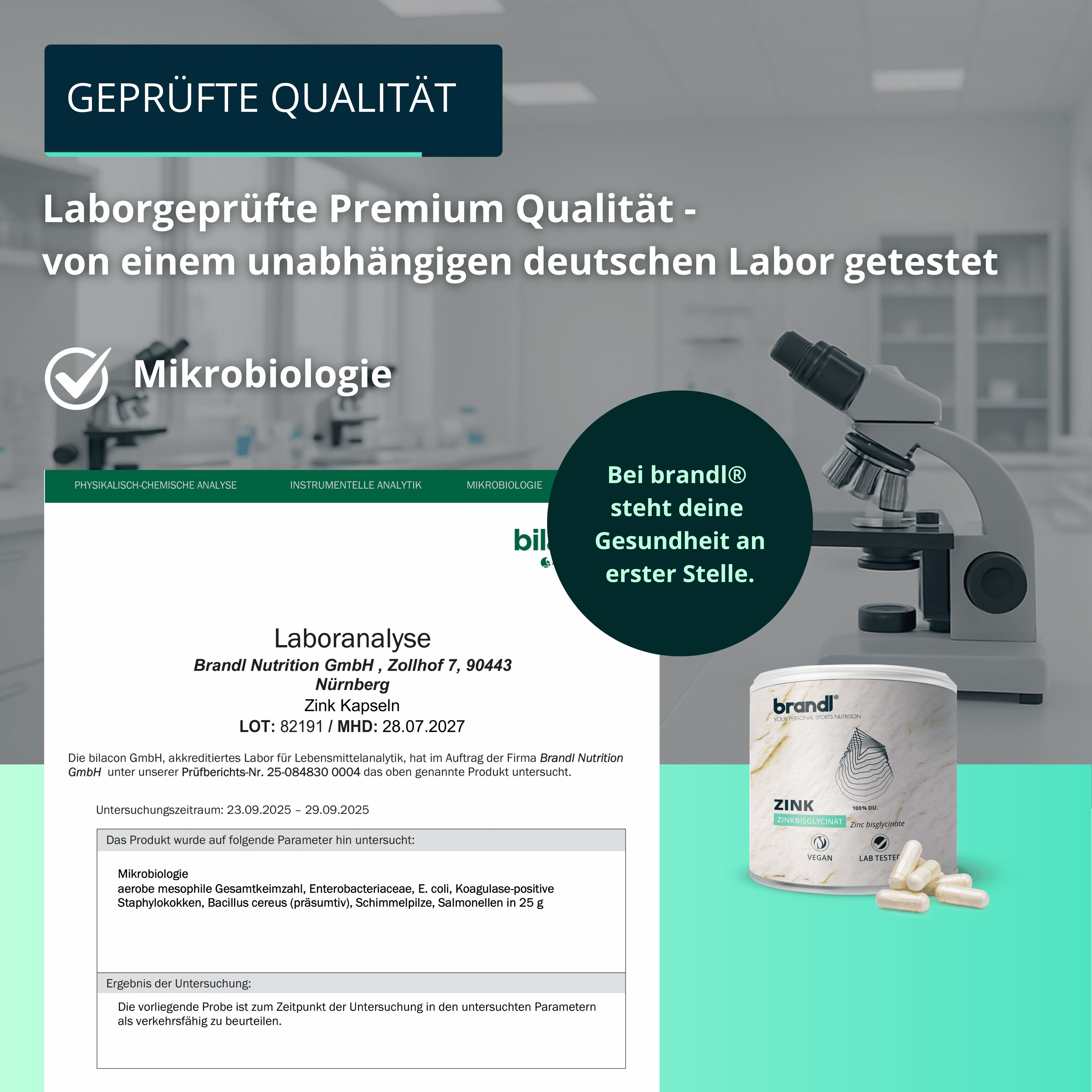 Laboranalyse und Dose brandl® Zink Bisglycinat mit Kapseln. Text: Mikrobiologie, Premium Qualität. Mikroskop.