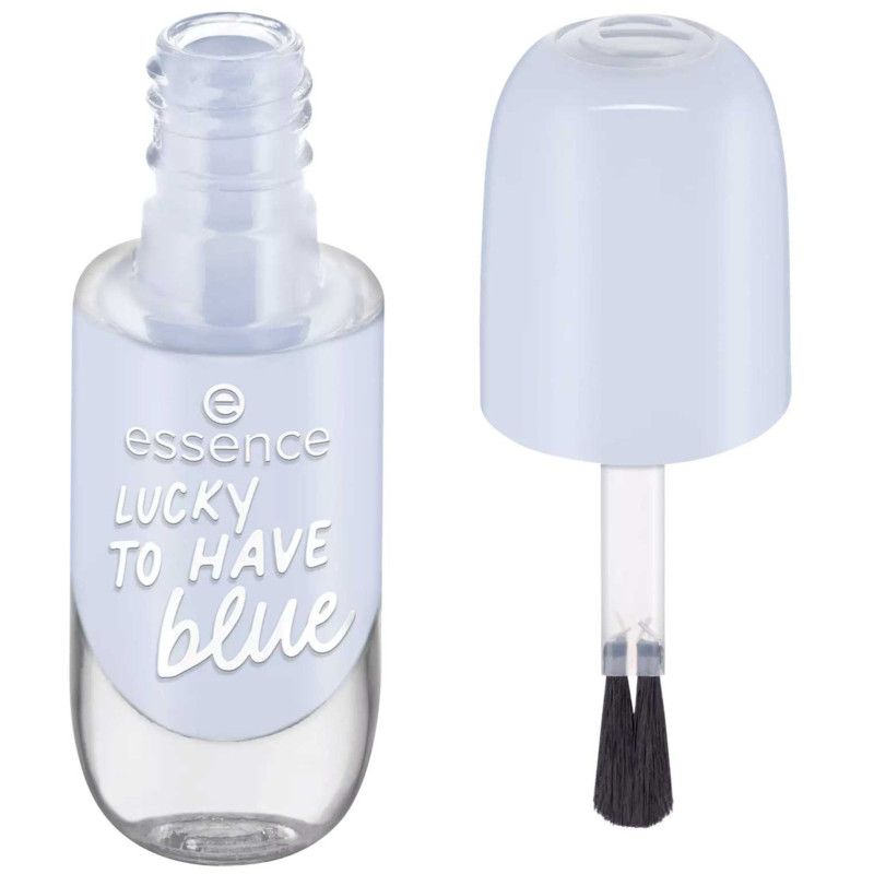 Essence Nagellack in Hellblau, Fläschchen geöffnet mit Applikator daneben.