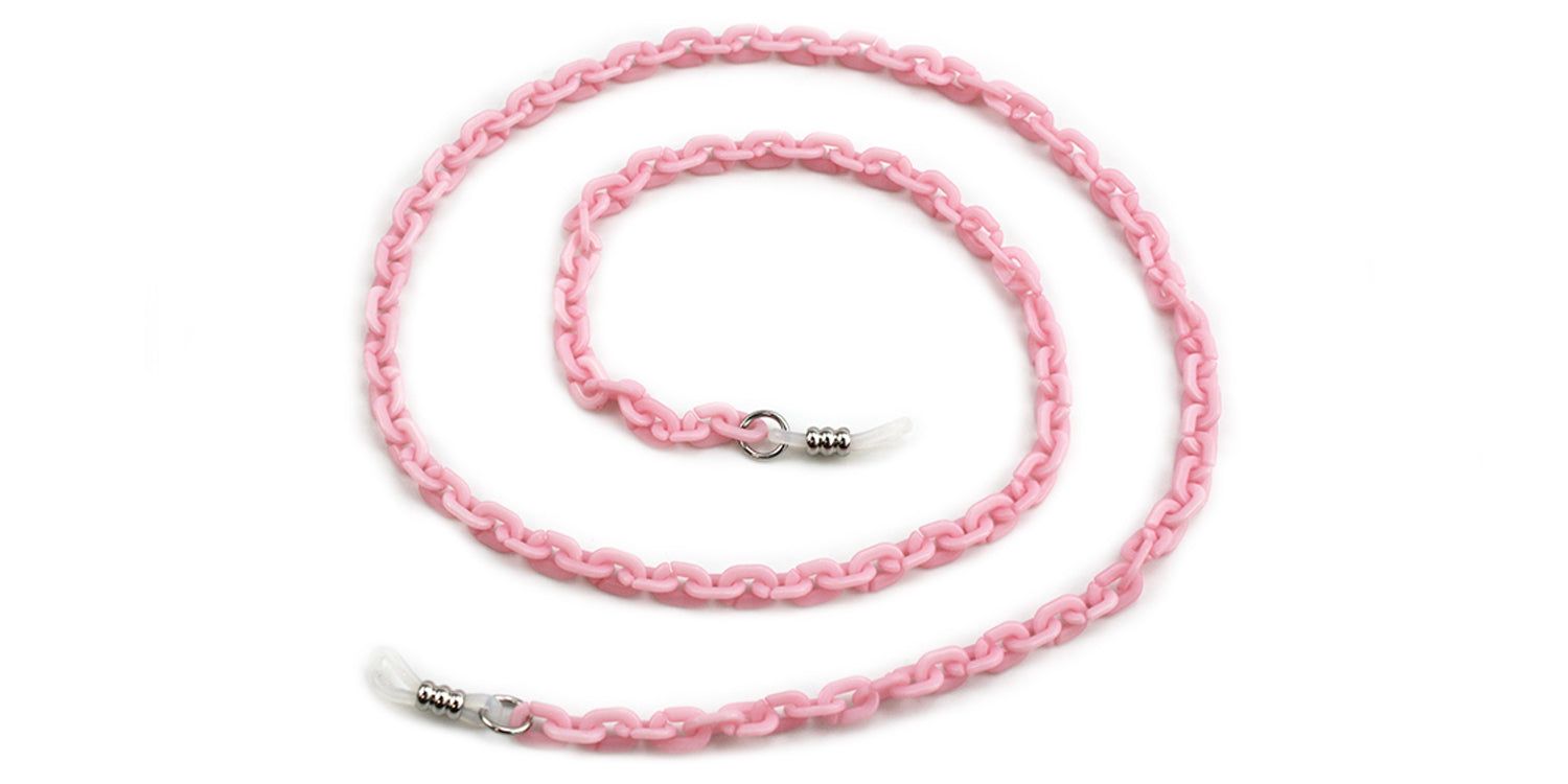 Rosa Brillenkette. Geflochtenes Design. Metallenden zur Befestigung an Brillenbügeln. Auf weißem Hintergrund.