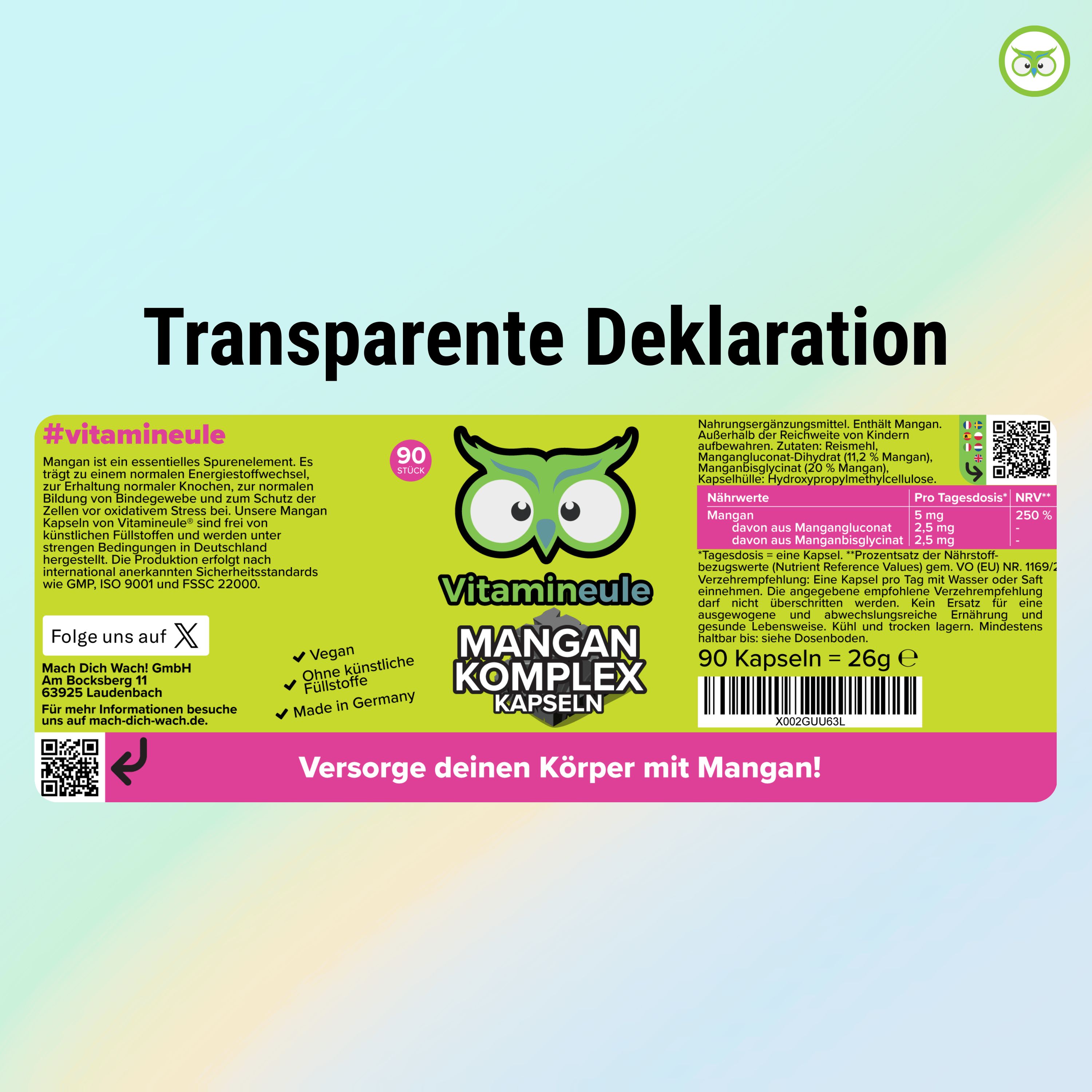 Produktetikett: Vitamineule Mangan Komplex Kapseln, 90 Kapseln, transparente Deklaration, Inhaltsstoffe, Nährwerte, QR-Code, Vegan, ohne künstliche Füllstoffe, Made in Germany.