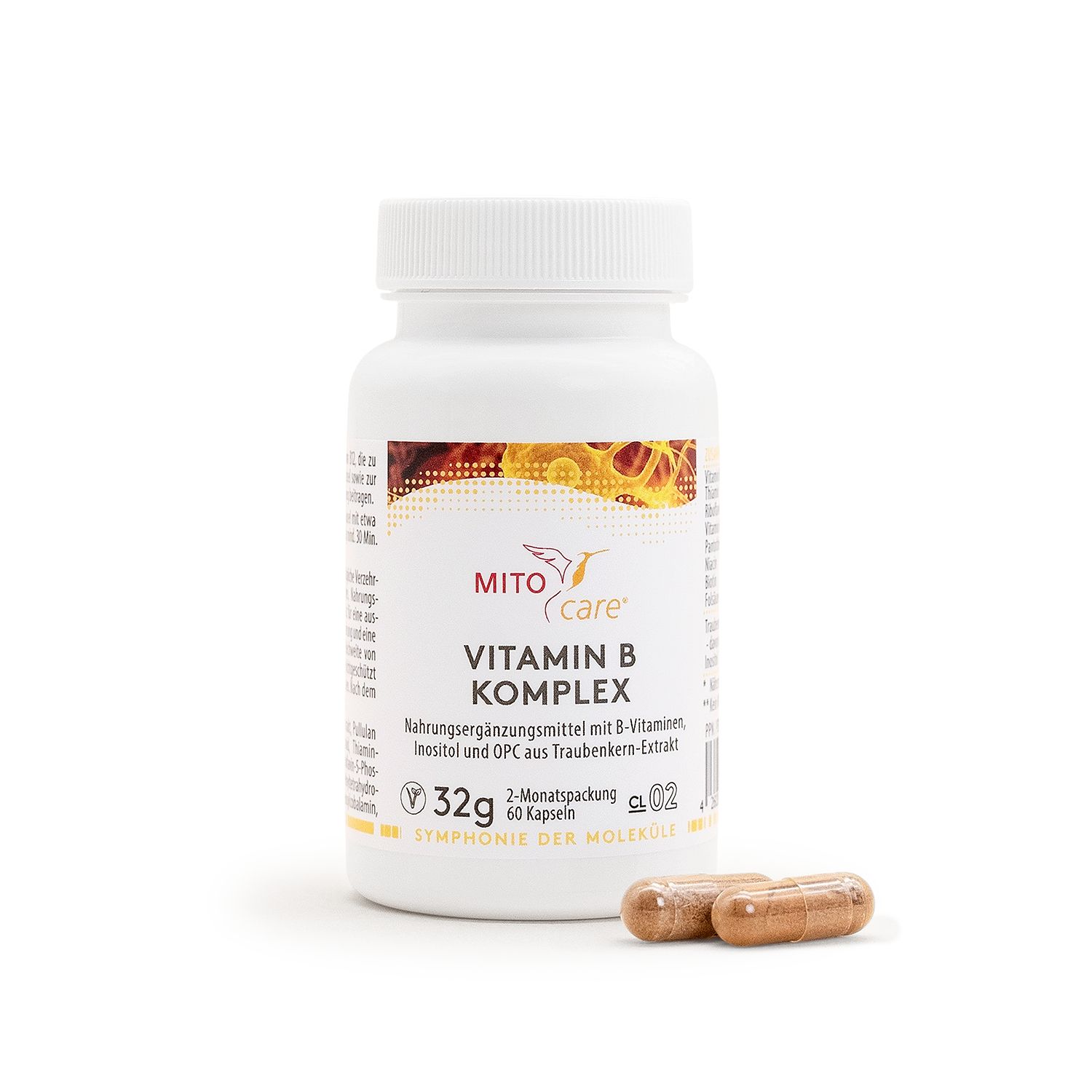 Weiße Dose mit MITOcare Vitamin B Komplex Aufschrift, 60 Kapseln, 32g. Zwei Kapseln liegen daneben.