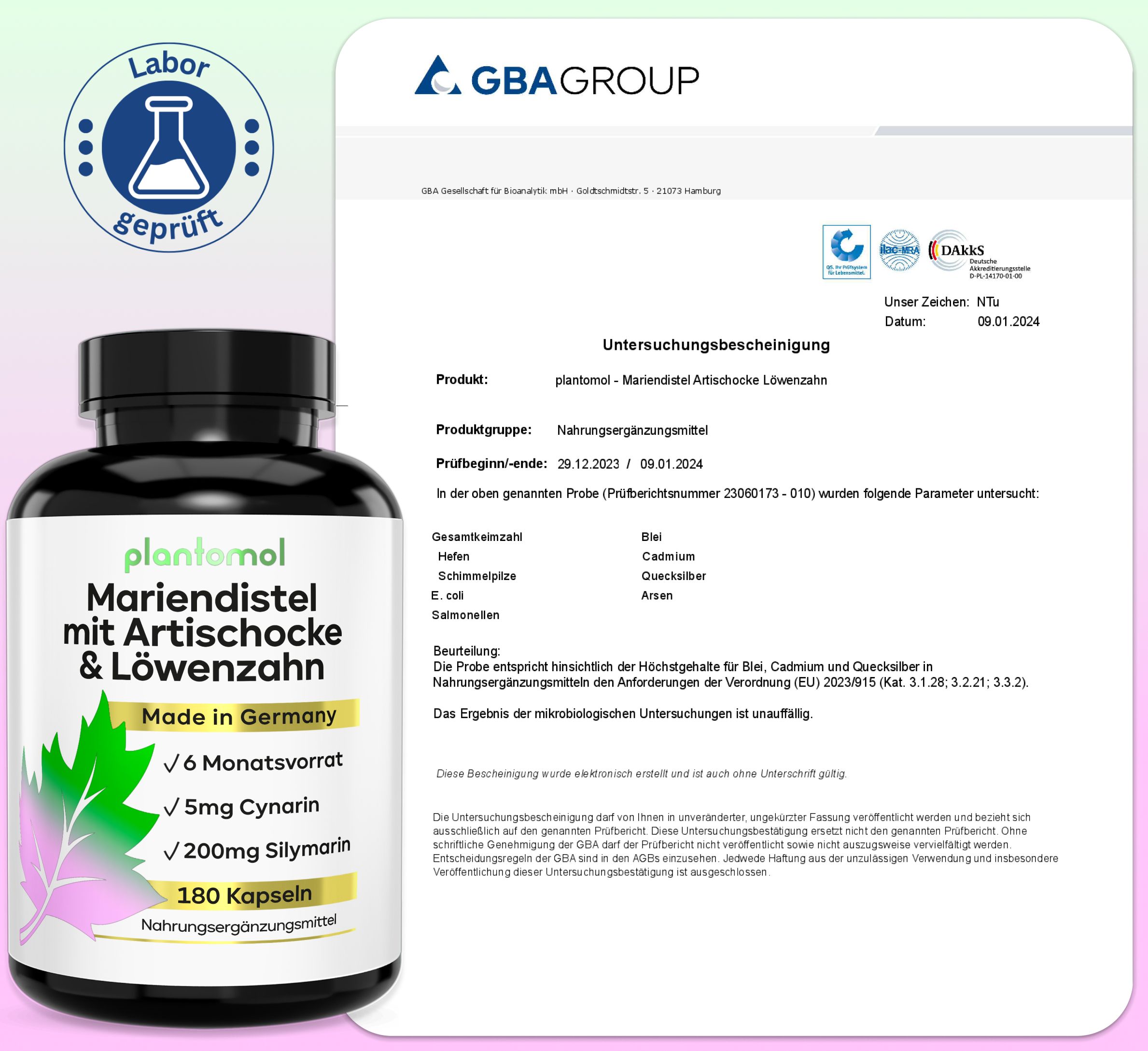 Braune Kapsel-Dose mit Etikett: Mariendistel, Artischocke, Löwenzahn. Text: Made in Germany, 6-Monatsvorrat, 180 Kapseln. GBA-Zertifikat.