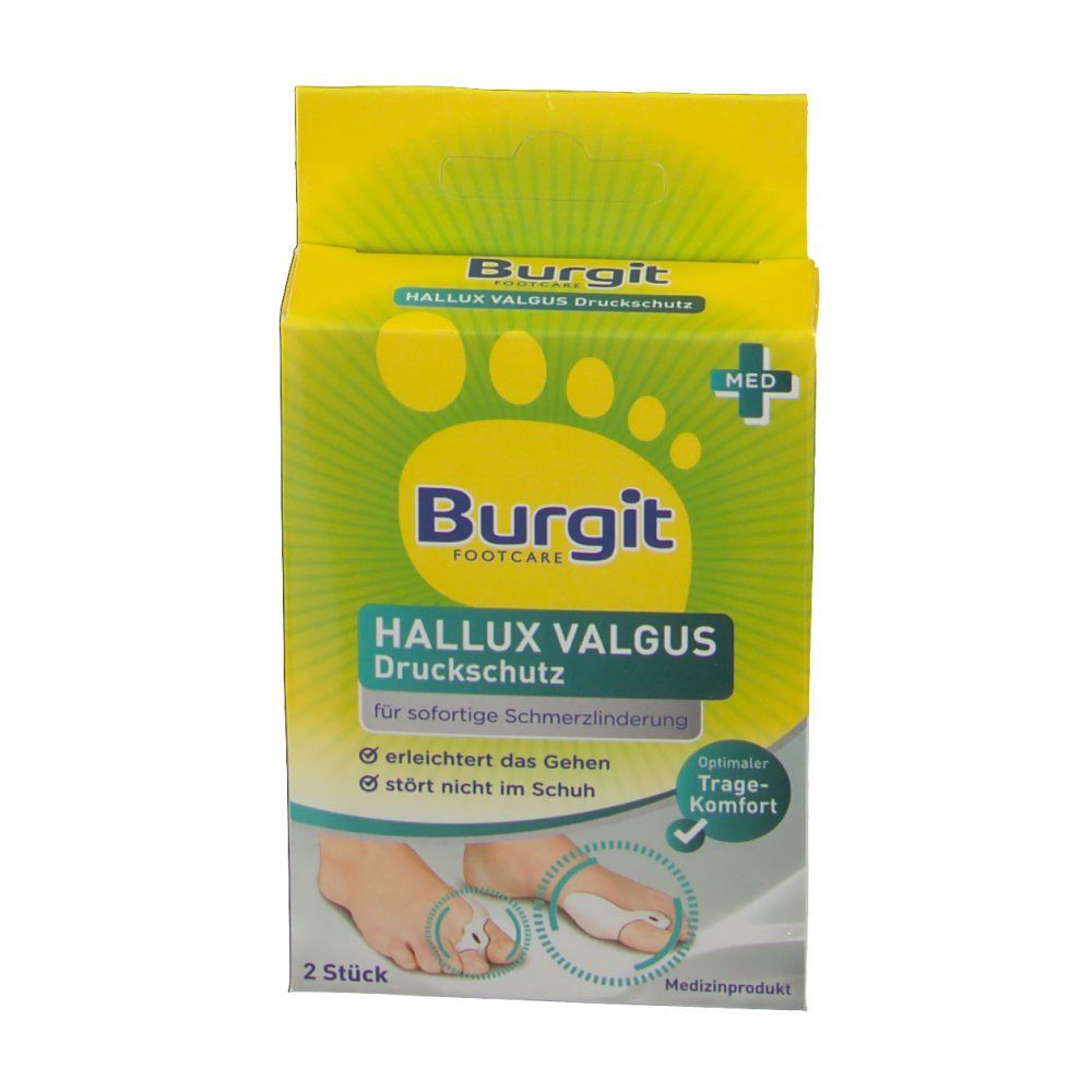 Burgit Hallux Valgus Druckschutz Verpackung. Gelbe Schachtel mit Produktlogo und Text. 2 Stück. Medizinprodukt.