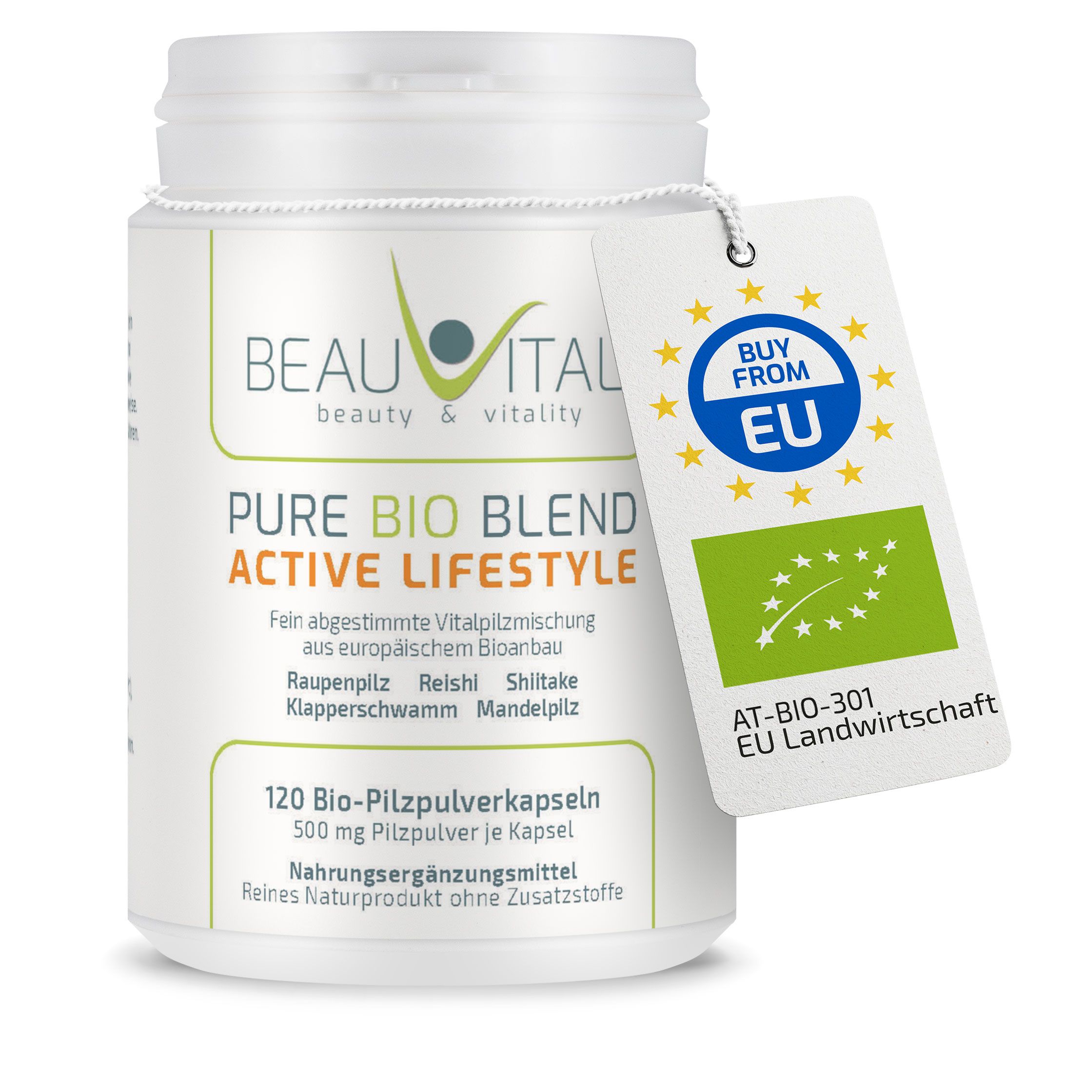 BEAUVITAL Active Lifestyle Kapseln mit EU Bio-Siegel und Pilzarten wie Cordyceps, Reishi, Shiitake.