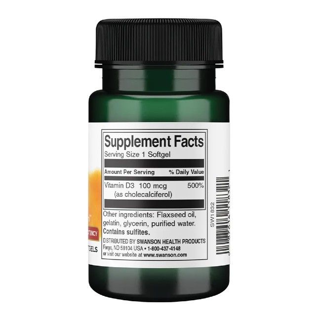 Rückseite der grünen Flasche. Aufschrift: Supplement Facts. Vitamin D3 100 mcg. Enthält Sulfite.