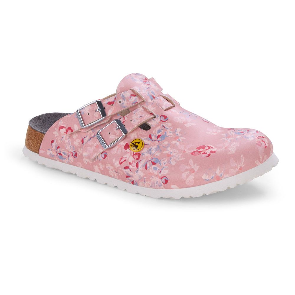 Rosa Clog mit floralem Muster. Zwei Schnallen, Korkfußbett, weiße Sohle. ESD-Logo.