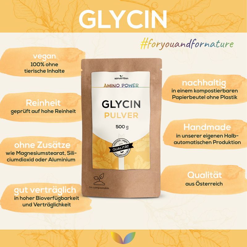 Braune Papiertüte mit weißem Etikett. Aufschrift: Glycin Pulver, 500g. Logo: Sanutrition, Amino Power, Qualitätszeichen. Text: vegan, ohne Zusätze.