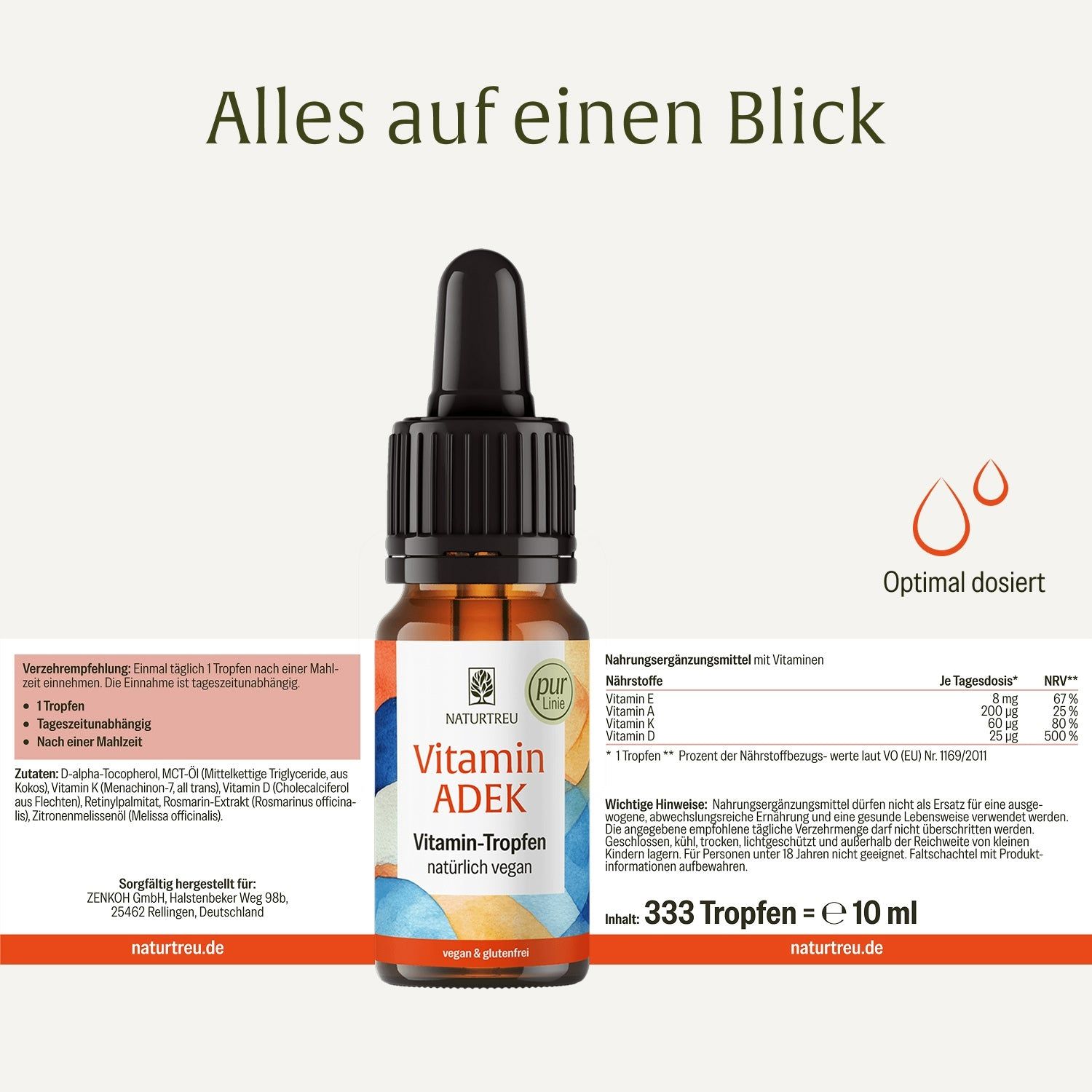 NATURTREU Vitamin ADEK Tropfenflasche mit Pipette, detaillierte Produkt- und Nährwertinformationen.
