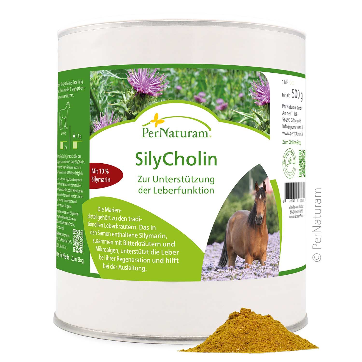 Zylindrische Dose SilyCholin. Aufschrift: Zur Unterstützung der Leberfunktion. Gelbes Pulver. Hintergrund: Pflanzen und Pferd.