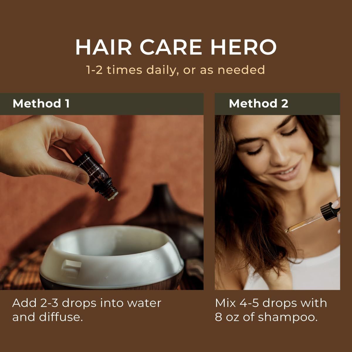 Zwei Anwendungsbeispiele. Flasche, Diffusor, Tropfer. Text: Hair Care Hero, 1-2 mal täglich, Methode 1, Methode 2.