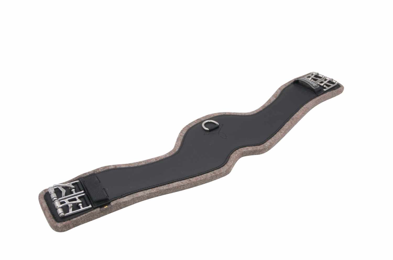 Schwarzer Sattelgurt mit Filz und Schnallen. Anatomisch geformt, mit D-Ring.