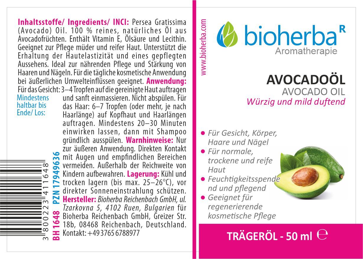 Etikett mit Produktname, Avocado-Illustration und Text. Enthält Informationen zu Inhaltsstoffen und Anwendung.