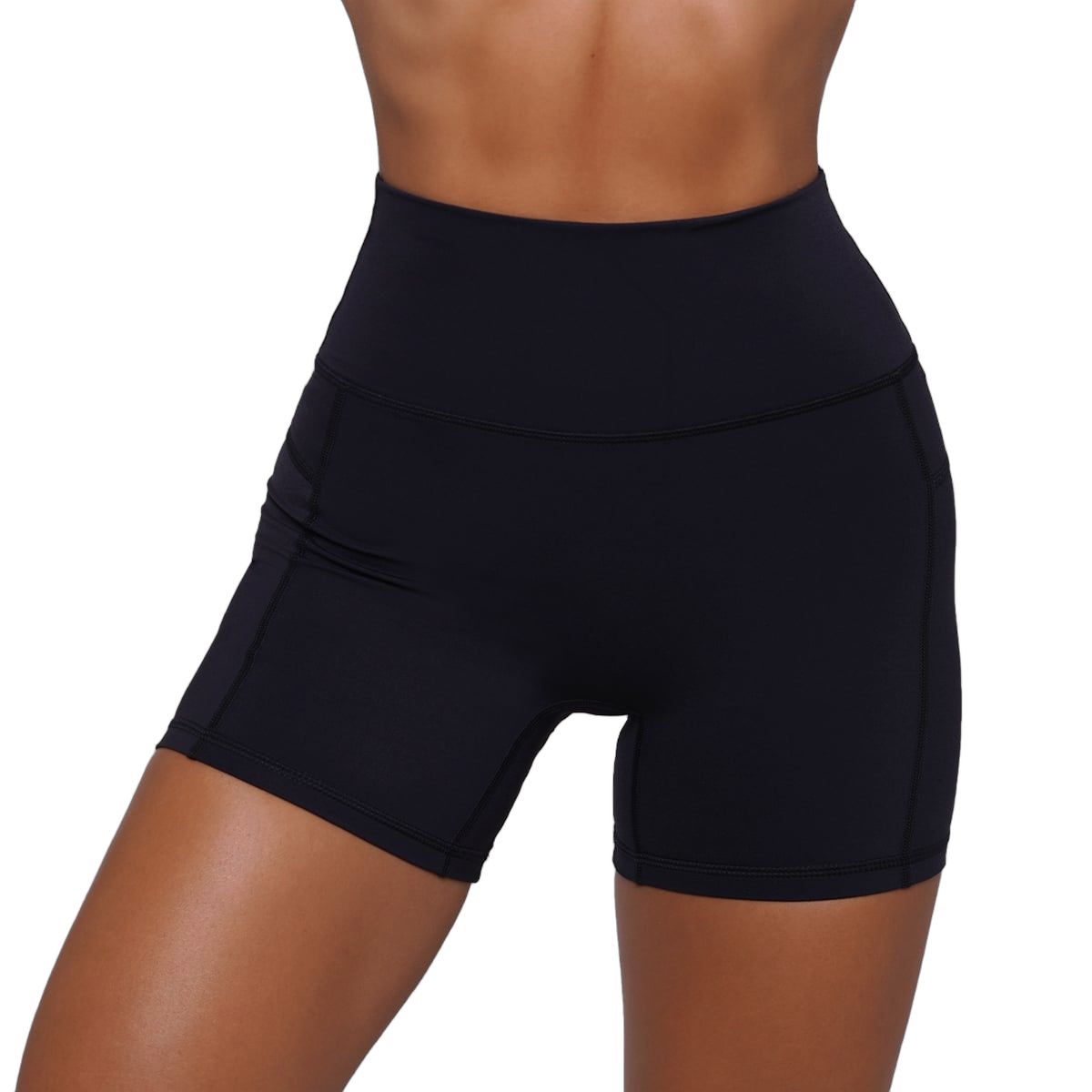 Schwarze Damen-Shorts mit hohem Bund, elastischem Material und seitlichen Taschen.