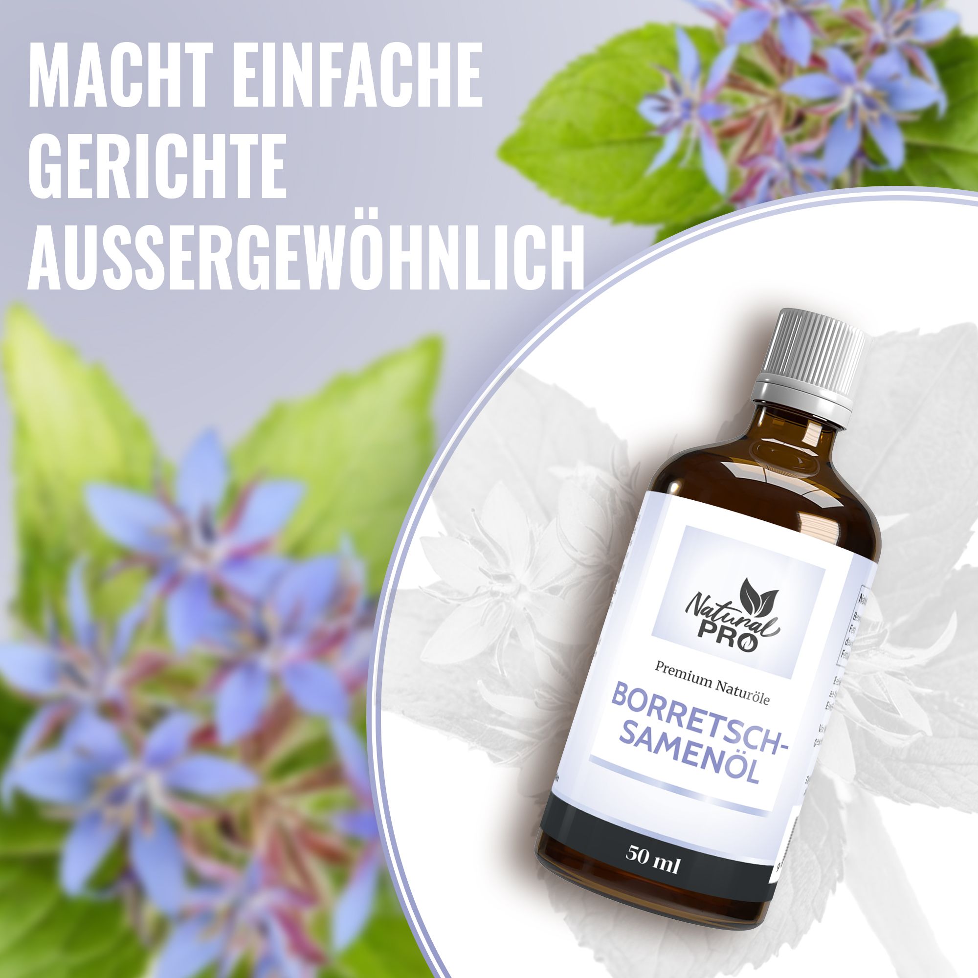 Produktflasche vor unscharfem Hintergrund mit Blüten. Aufschrift: Natural Pro, Borretschsamenöl, 50 ml.