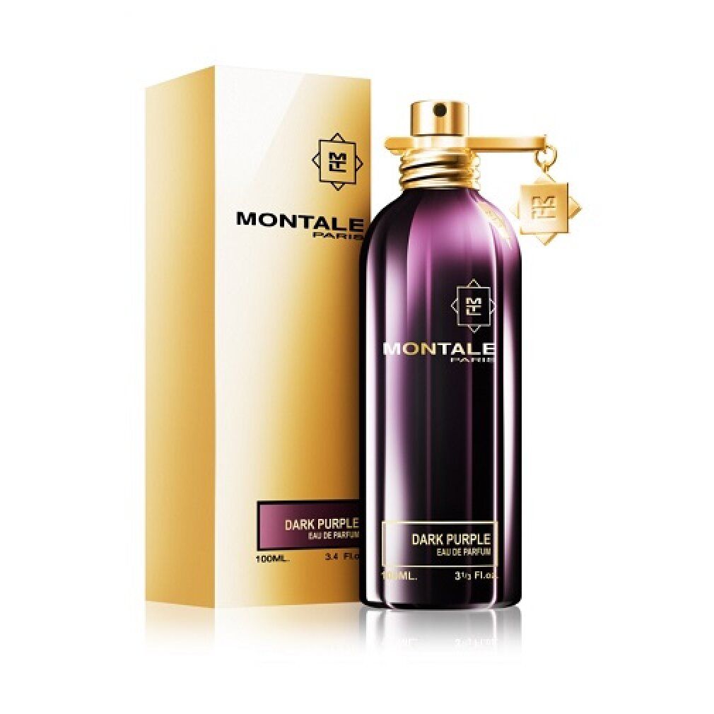 Dunkelviolette Flasche und goldene Verpackung. Aufschrift MONTALE PARIS und DARK PURPLE. 3 Fl.oz. Verpackung daneben.