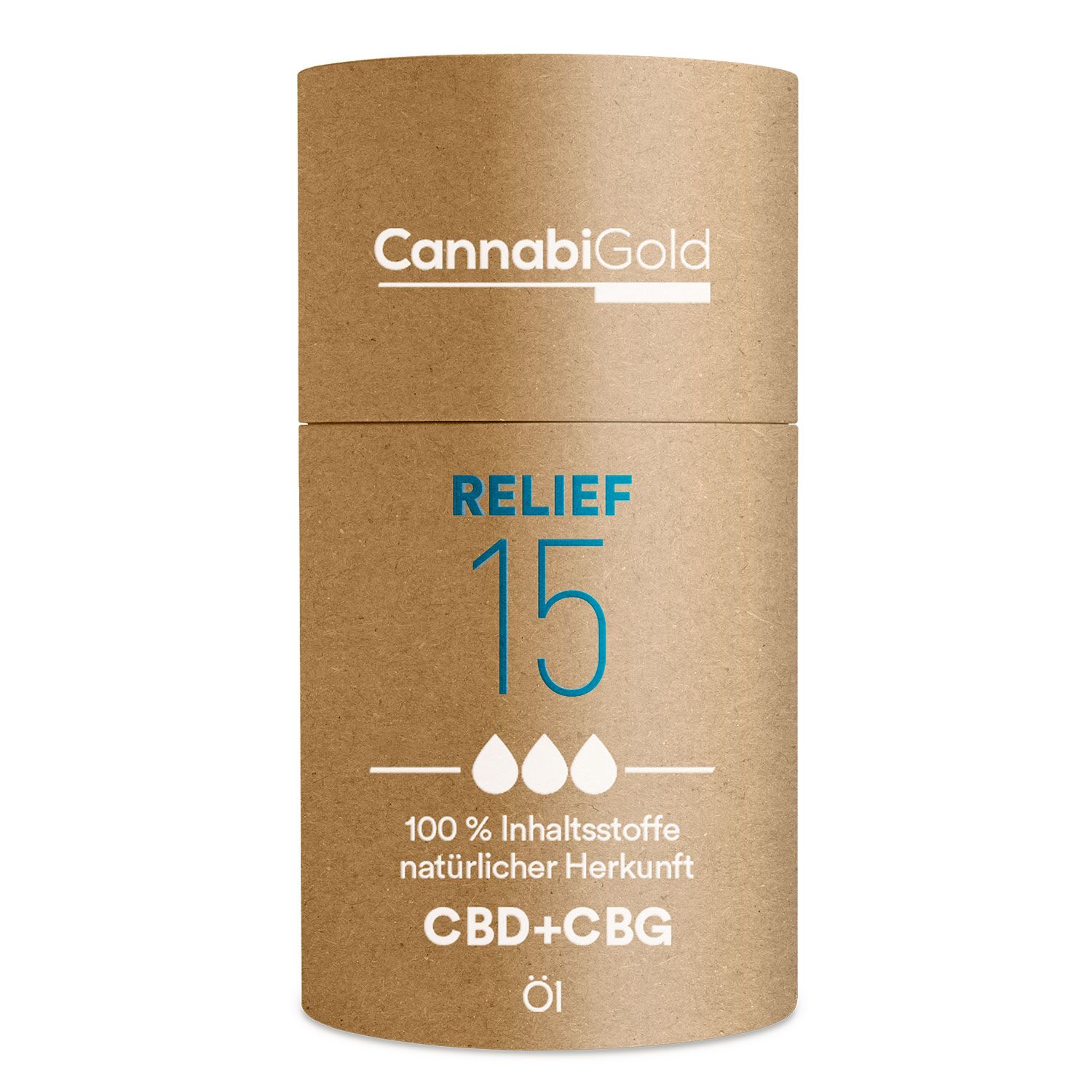 CannabiGold RELIEF 15 CBD+CBG Öl in brauner Pappröhre. Enthält 100% natürliche Inhaltsstoffe.