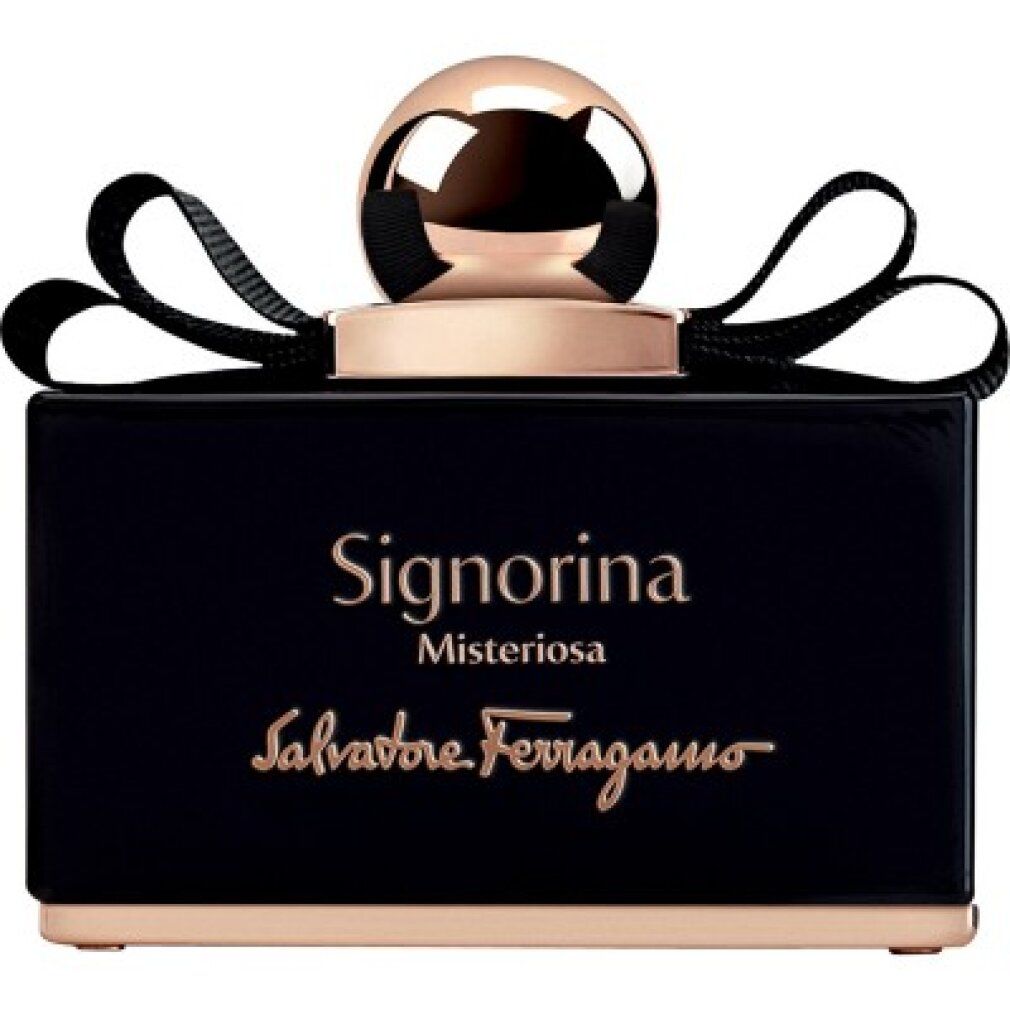 Schwarzer Salvatore Ferragamo Signorina Misteriosa Eau de Parfum Flakon mit Schleife und goldener Kappe.