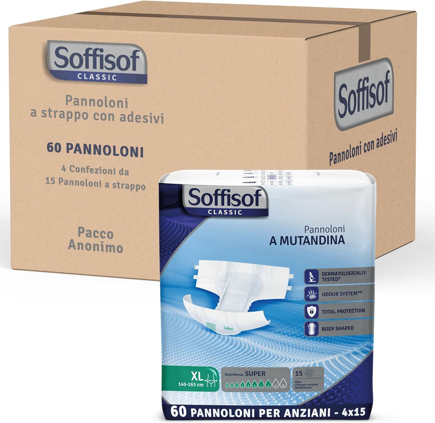 Soffisof Classic Windeln-Packung. 60 Stück. Karton mit Packung. XL-Größe.  Pannoloni A Mutandina.