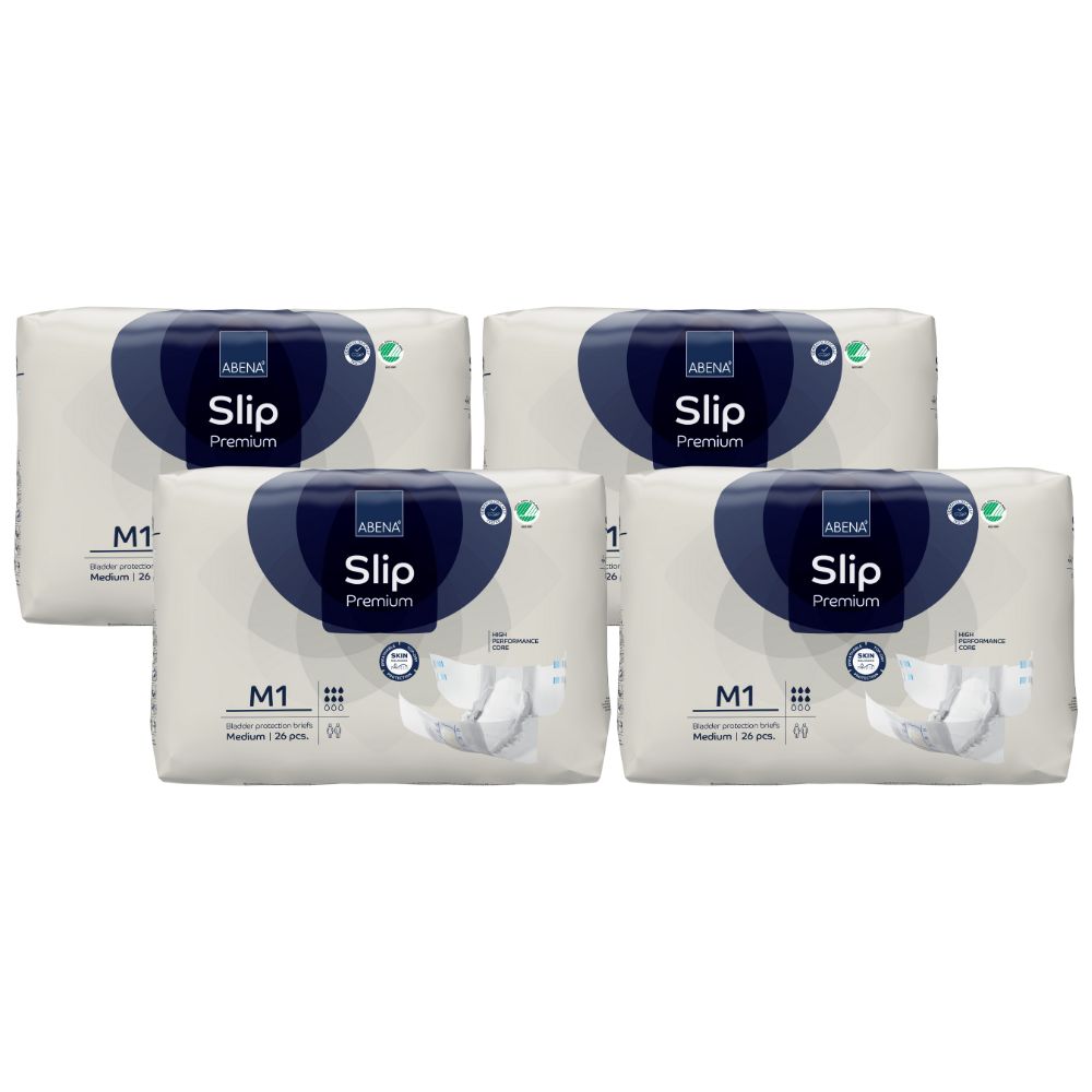 Mehrere Packungen ABENA Slip Premium M1. Verpackung mit Logo und Produktbezeichnung. Medium Größe.