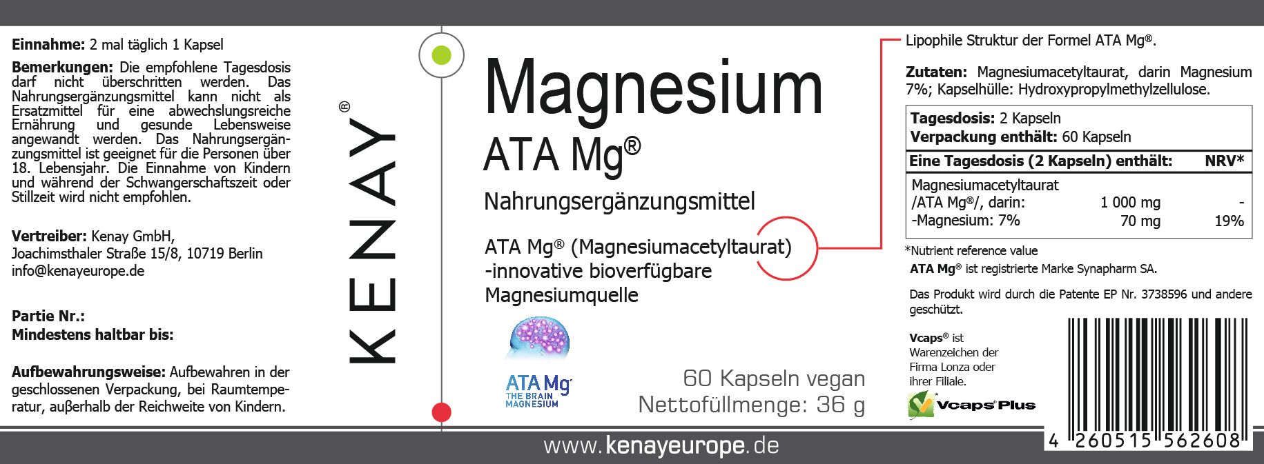 Weißes Etikett mit Text. Aufschrift: Magnesium ATA Mg®, Nahrungsergänzungsmittel. 60 Kapseln. Inhaltsangaben und Nährwerttabelle.