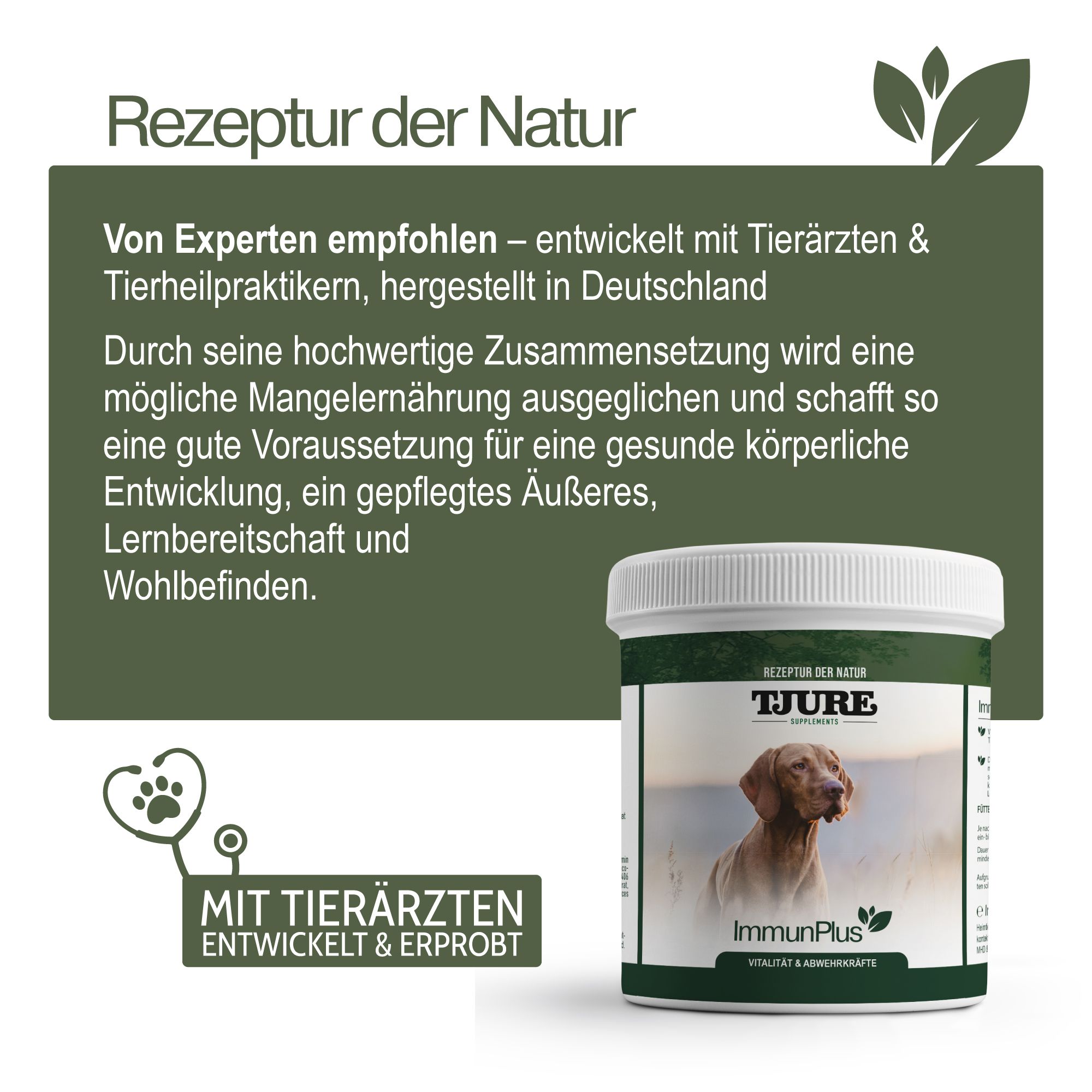 Weißes Produktglas TJURE. Text: Von Experten empfohlen. Mit Tierärzten entwickelt. Hergestellt in Deutschland.