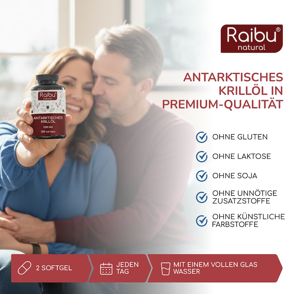 Paar hält Flasche mit Kapseln. Text: Antarktisches Krillöl in Premium-Qualität. Ohne Gluten, Laktose, Soja, unnötige Zusätze.