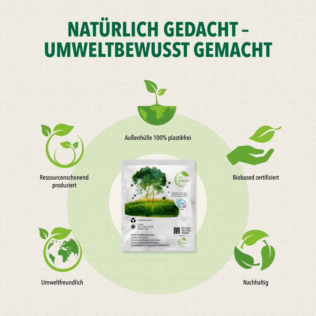 Kaltkompresse mit Baum-Motiv. Icons: umweltfreundlich, ressourcenschonend, biobasiert, nachhaltig. Text: Natürlich gedacht - umweltbewusst gemacht.