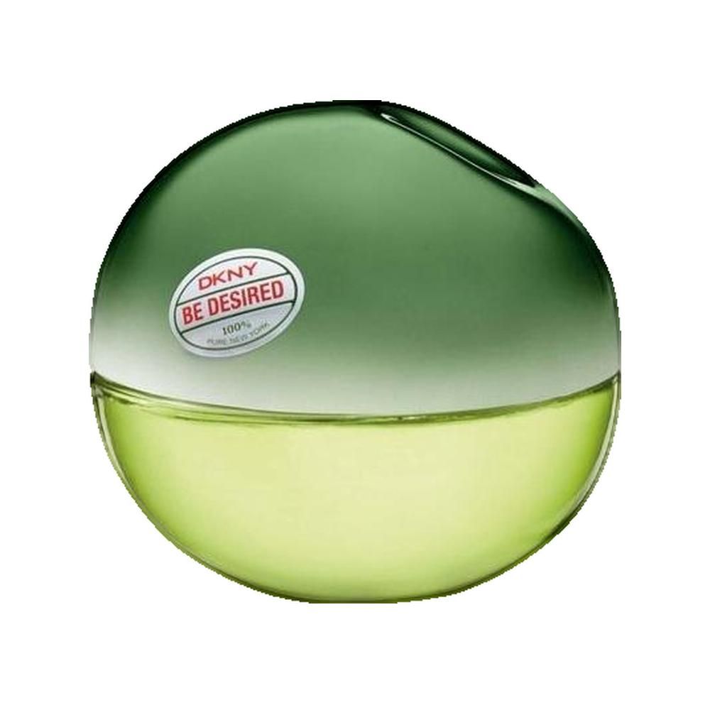 Runder Parfümflakon, grün-gelb. Aufkleber mit DKNY Be Desired. Flakon aus Glas.