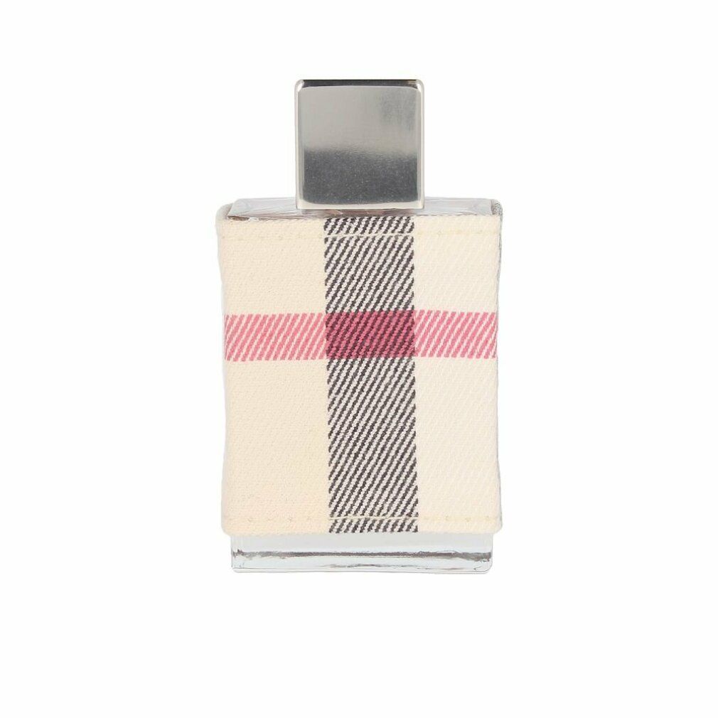 Burberry London for Her Eau De Parfum Spray-Flakon. Rechteckige Form, Karomuster. Silberner Verschluss. Glasflakon mit Stoffbezug.