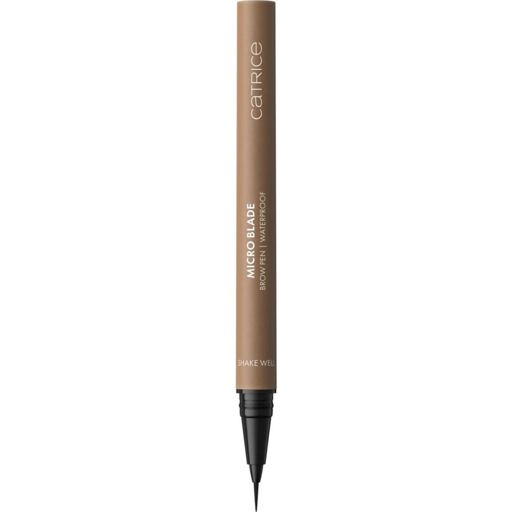 Stift mit Aufschrift Catrice, Micro Blade Brow Pen Waterproof. Braune Hülse, schwarze Spitze.