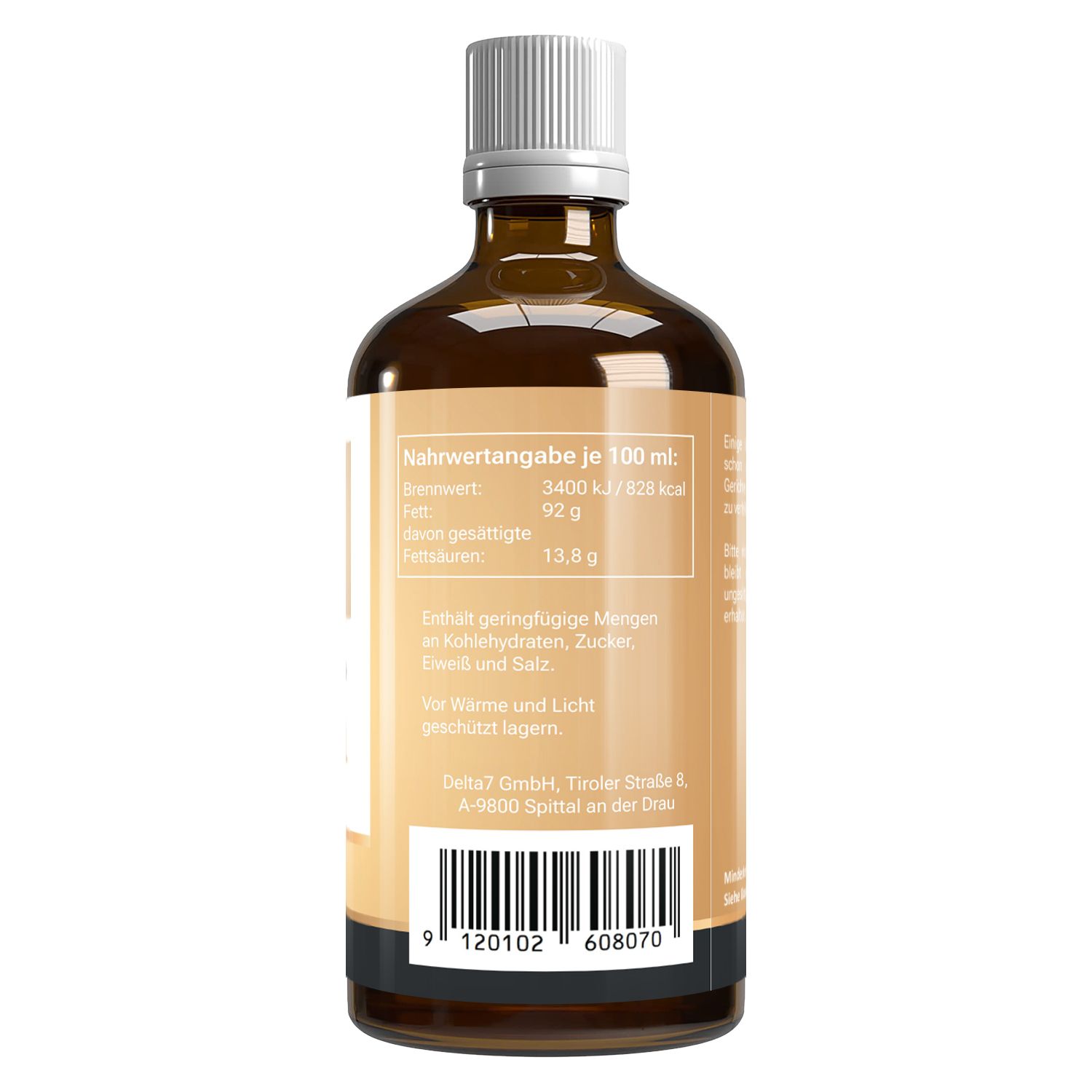 Rückseite der braunen Glasflasche mit weißem Deckel. Nährwertangaben pro 100 ml. Barcode.