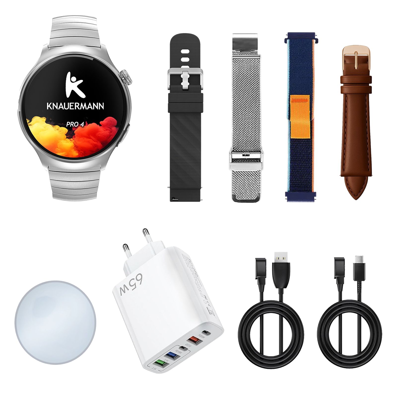 Smartwatch mit Zubehör: Armbänder, Ladegerät, Ladekabel und Schutzfolie. KNAUERMANN PRO 4.