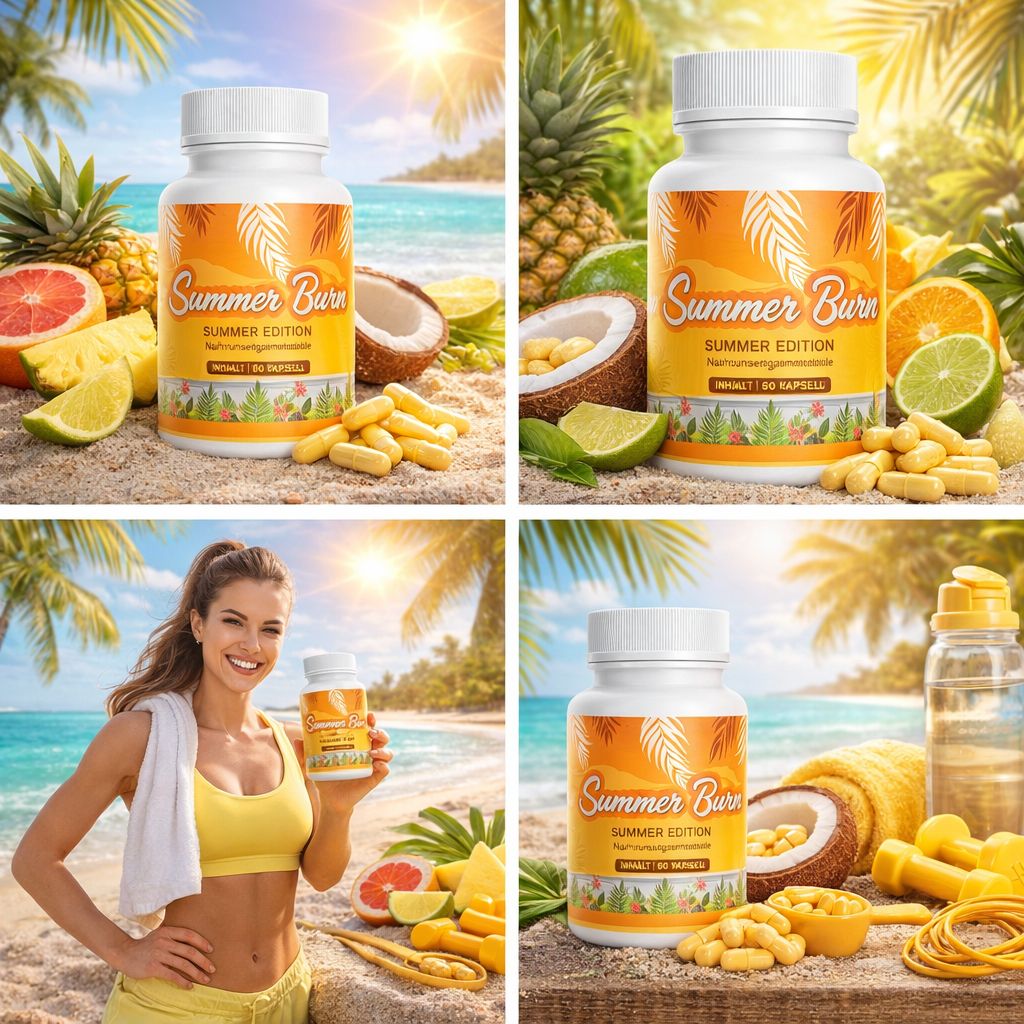 Mehrere Darstellungen von weißen Flaschen mit gelbem Etikett. Aufschrift: Summer Burn, Summer Edition, 60 Kapseln. Strandhintergrund mit Früchten.