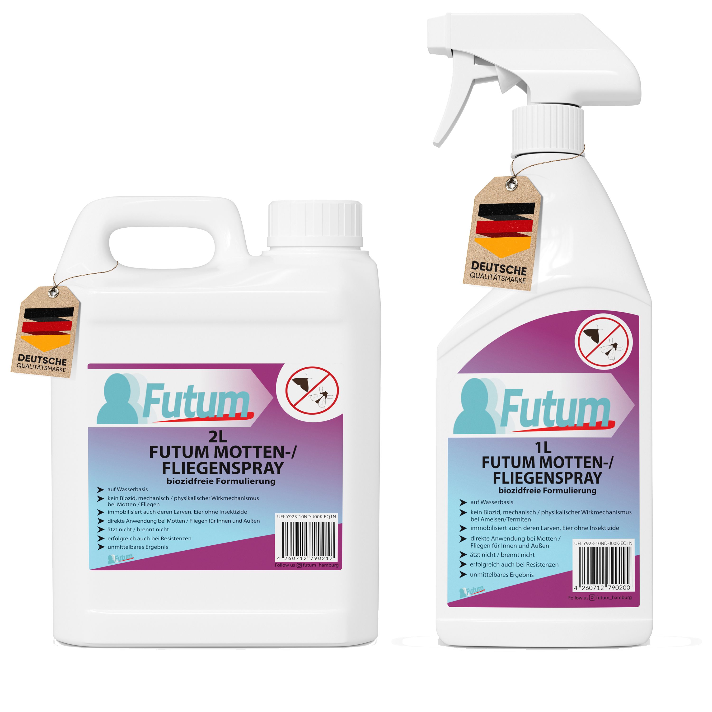 Zwei weiße Flaschen. Eine 2L-Flasche und eine 1L-Sprühflasche. Beide mit Etiketten und dem Produktnamen FUTUM Motten-/Fliegenspray.
