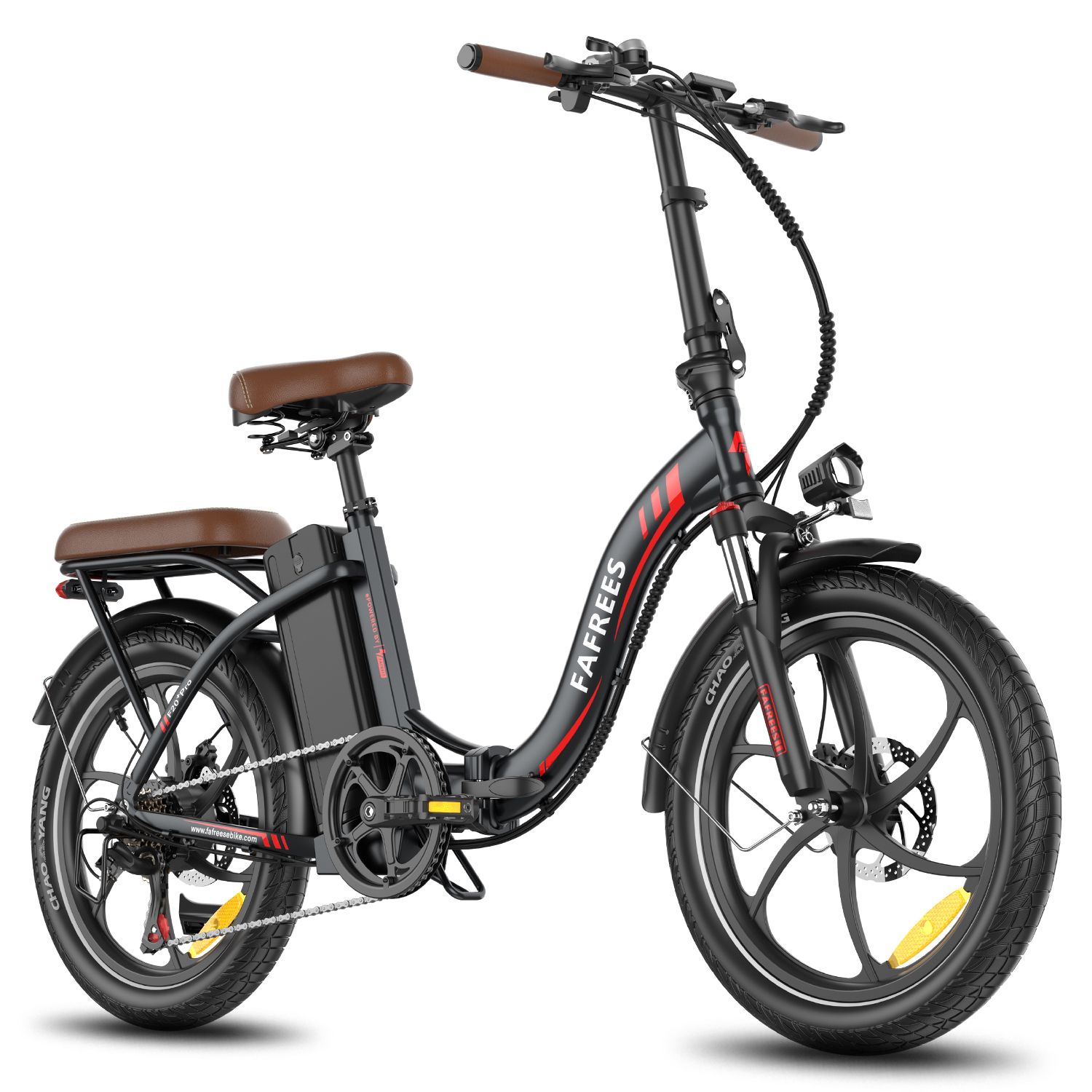 Faltbares E-Bike, schwarz mit braunem Sattel. Marke Fafrees. Sichtbare Details: Räder, Batterie, Schutzbleche, Lenker.