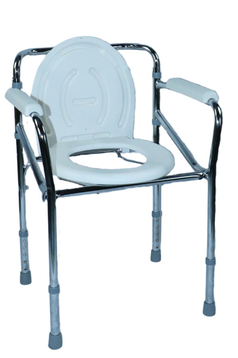 Toilettensitz mit Armlehnen, höhenverstellbar. Sitzfläche weiß, Gestell silberfarben. Ohne Eimer.