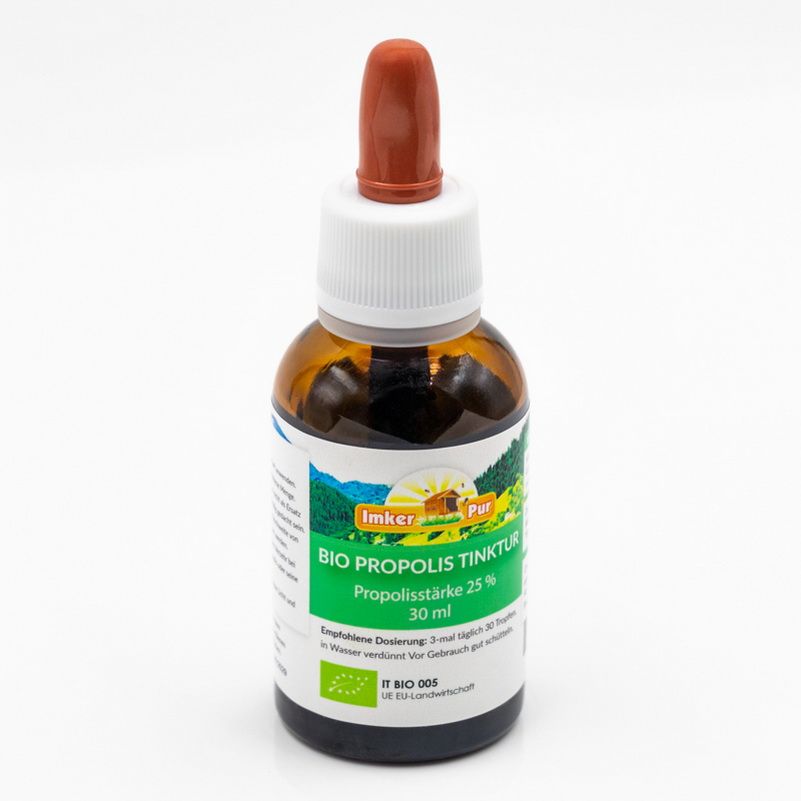 Braune Glasflasche mit Tropfer. Etikett mit "ImkerPur Bio Propolis Tinktur". Bio-Siegel.