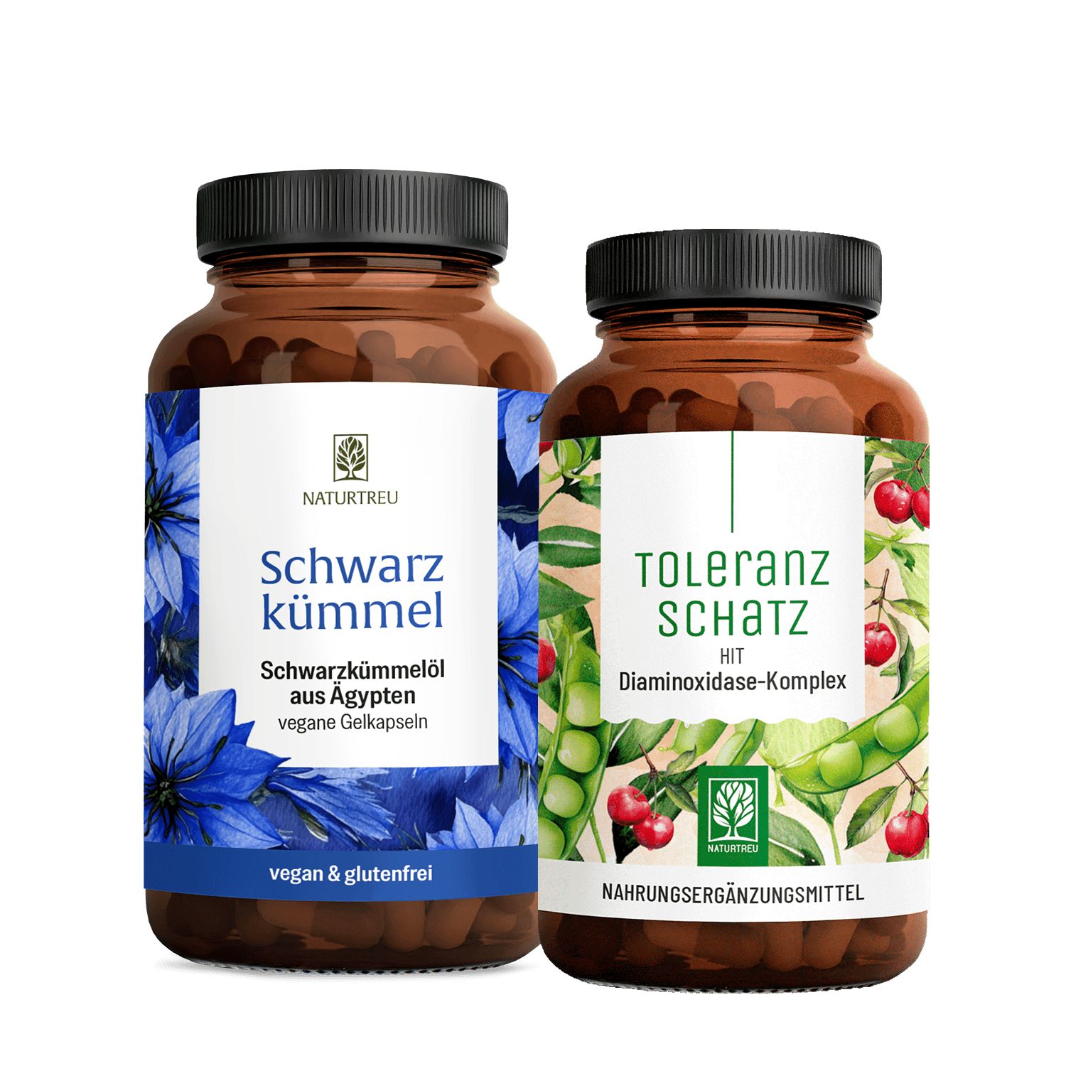 Zwei Flaschen Nahrungsergänzungsmittel: Schwarzkümmel und Toleranz Schatz.