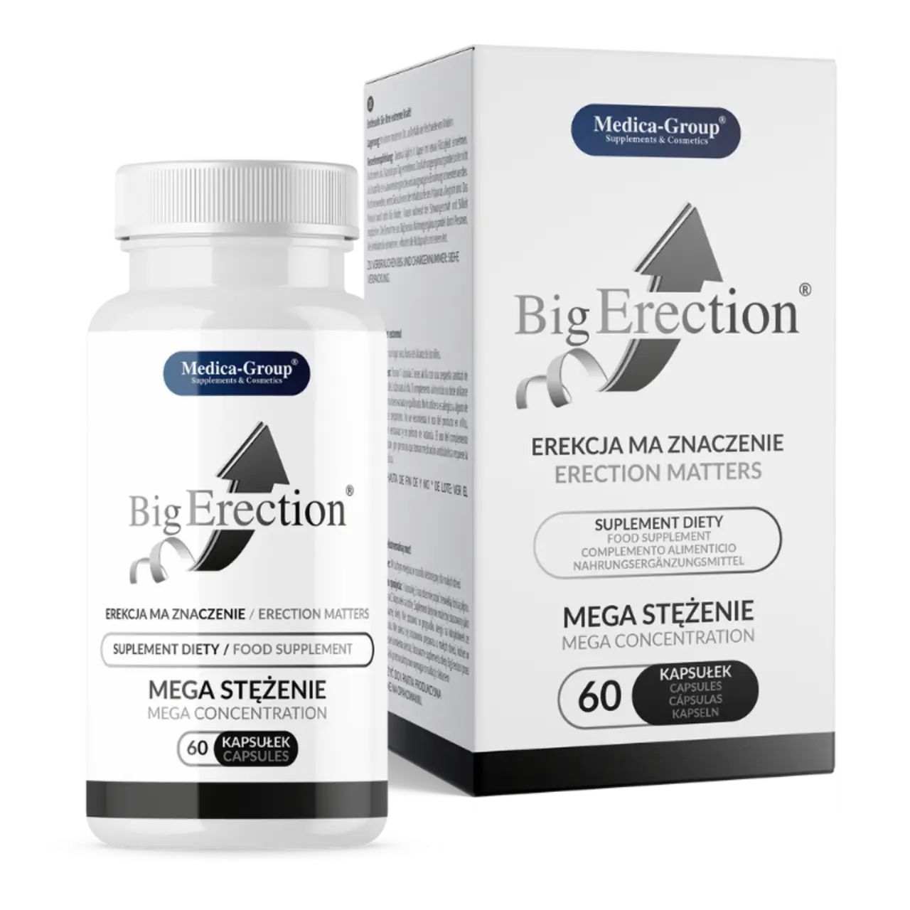 Flasche und Verpackung. Aufschrift "Big Erection", "Mega Stężenie", "60 Kapseln". Logo "Medica-Group".