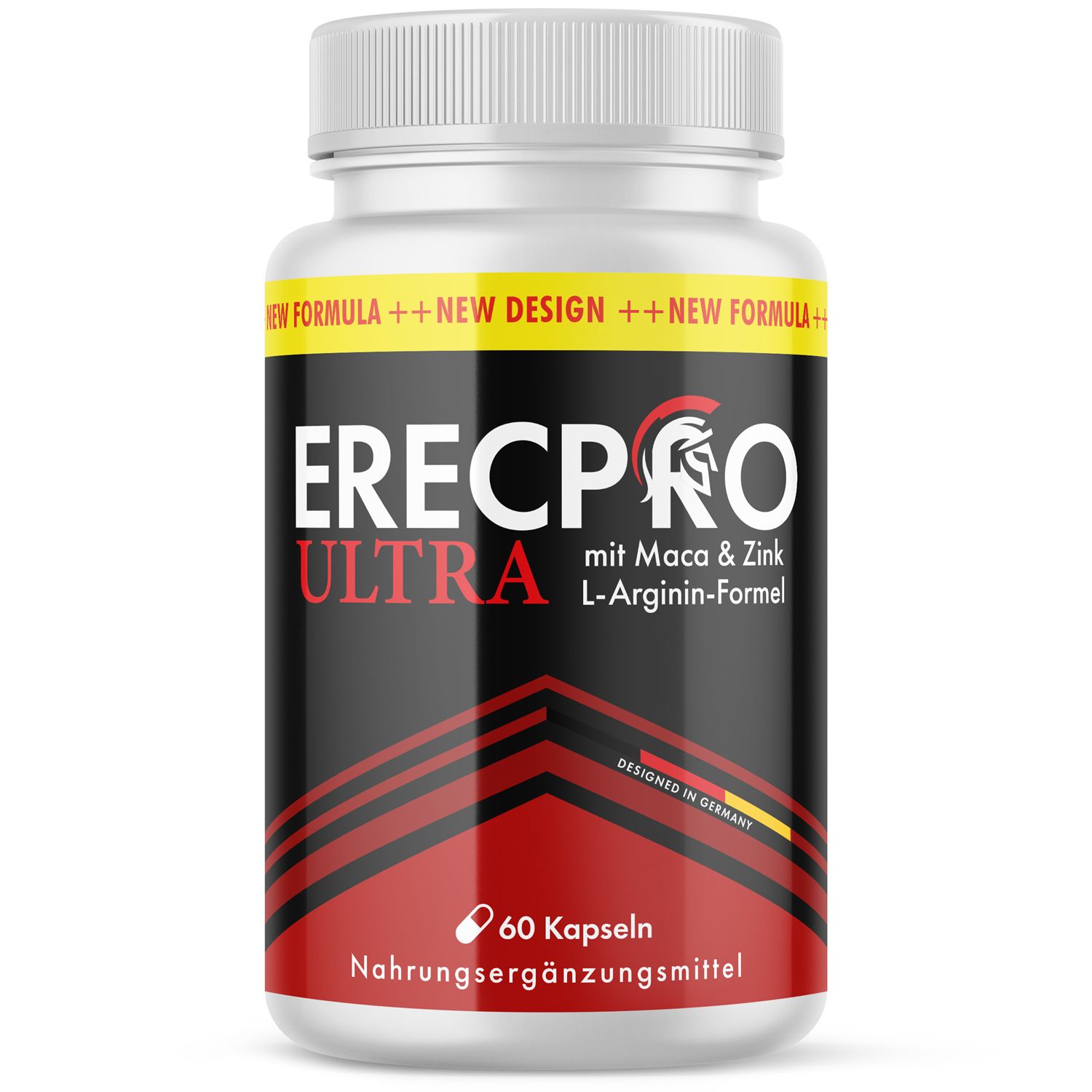 Weiße Flasche mit schwarzem Etikett. Aufschrift: ERECPRO ULTRA, 60 Kapseln. Enthält Maca & Zink, L-Arginin-Formel. Nahrungsergänzungsmittel.