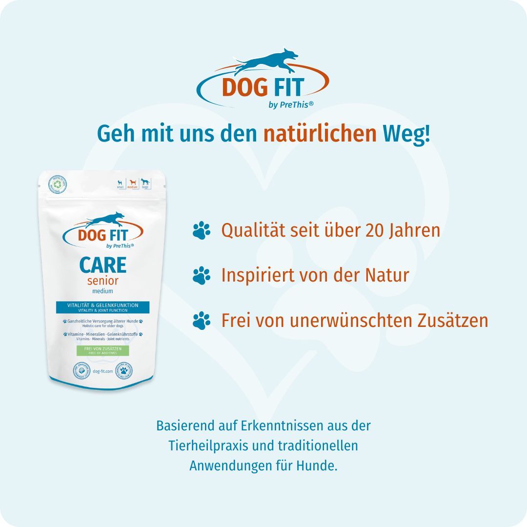 DOG FIT CARE senior medium. Text: Geh mit uns den natürlichen Weg! Qualität seit über 20 Jahren. Inspiriert von der Natur.