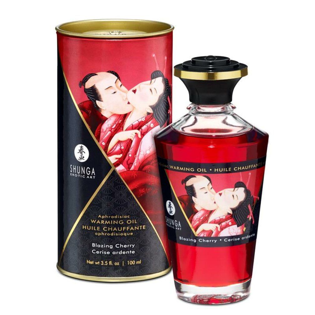 Shunga Warming Oil Flasche und Dose mit Kirschmotiv.