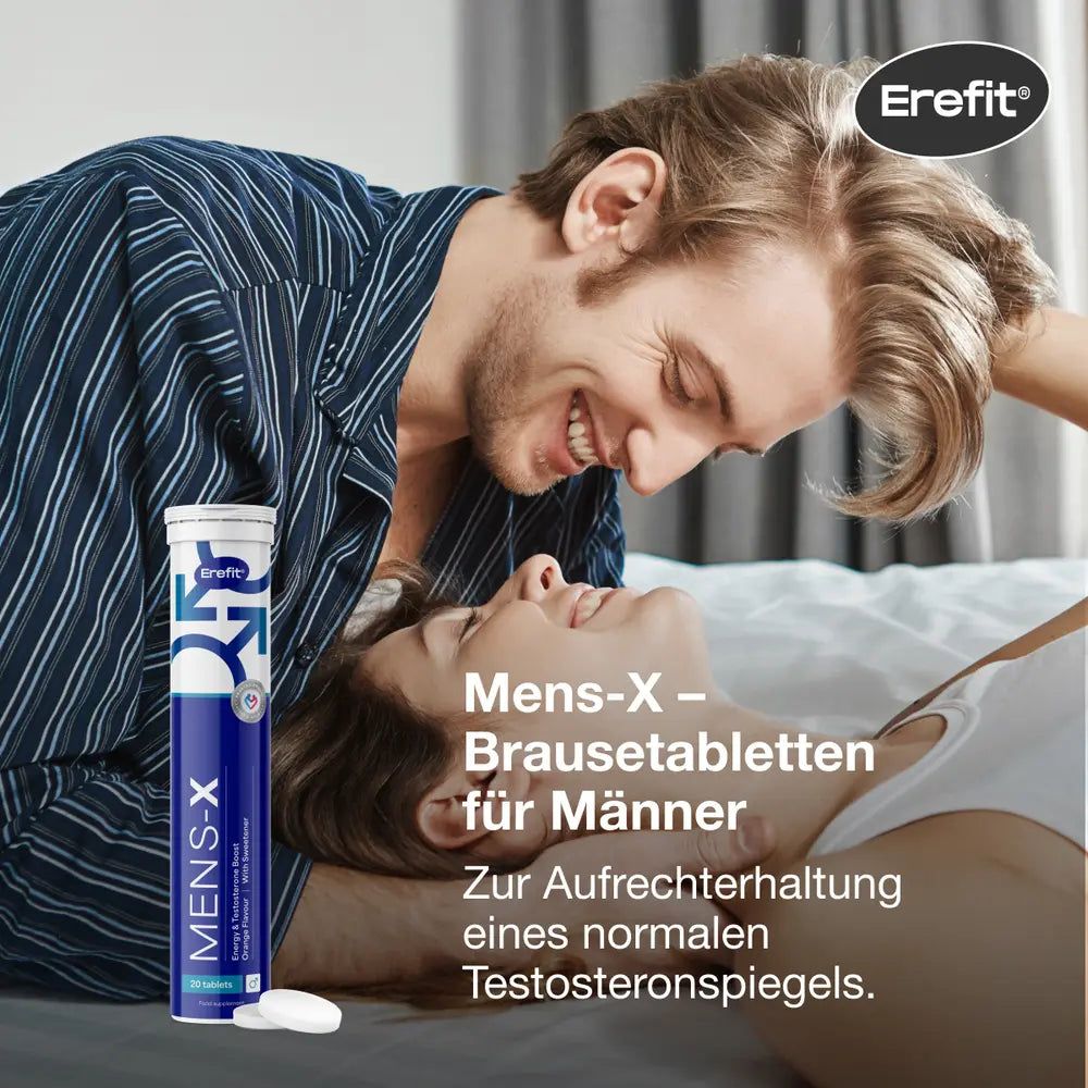 Mann und Frau im Bett. Erefit Mens-X Tube und Tabletten. Text: Mens-X - Brausetabletten für Männer.