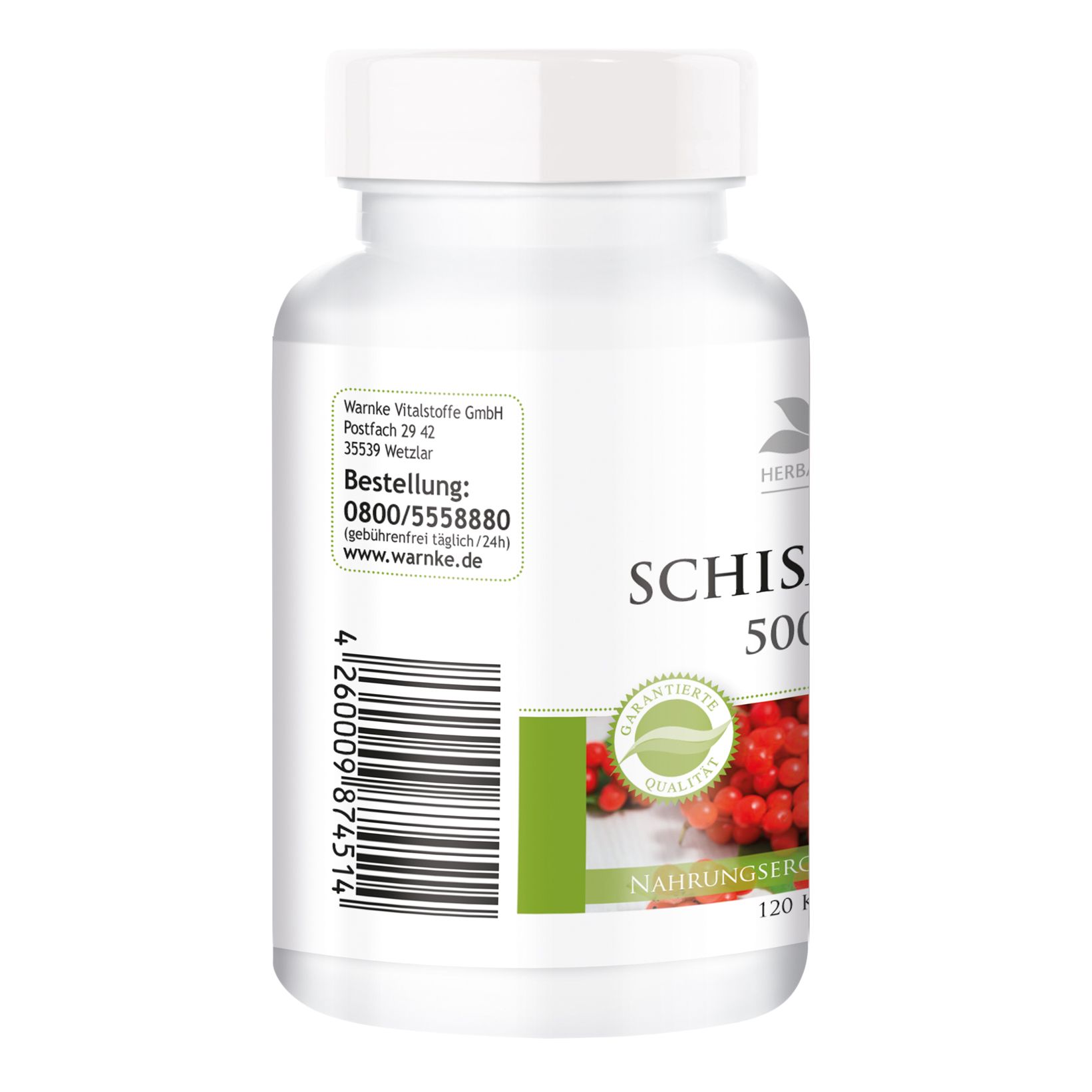 Weiße Flasche mit grünem Etikett. Aufschrift: Schisandra 500mg. Siegel: Garantierte Qualität. Rückseite mit Text und Barcode.