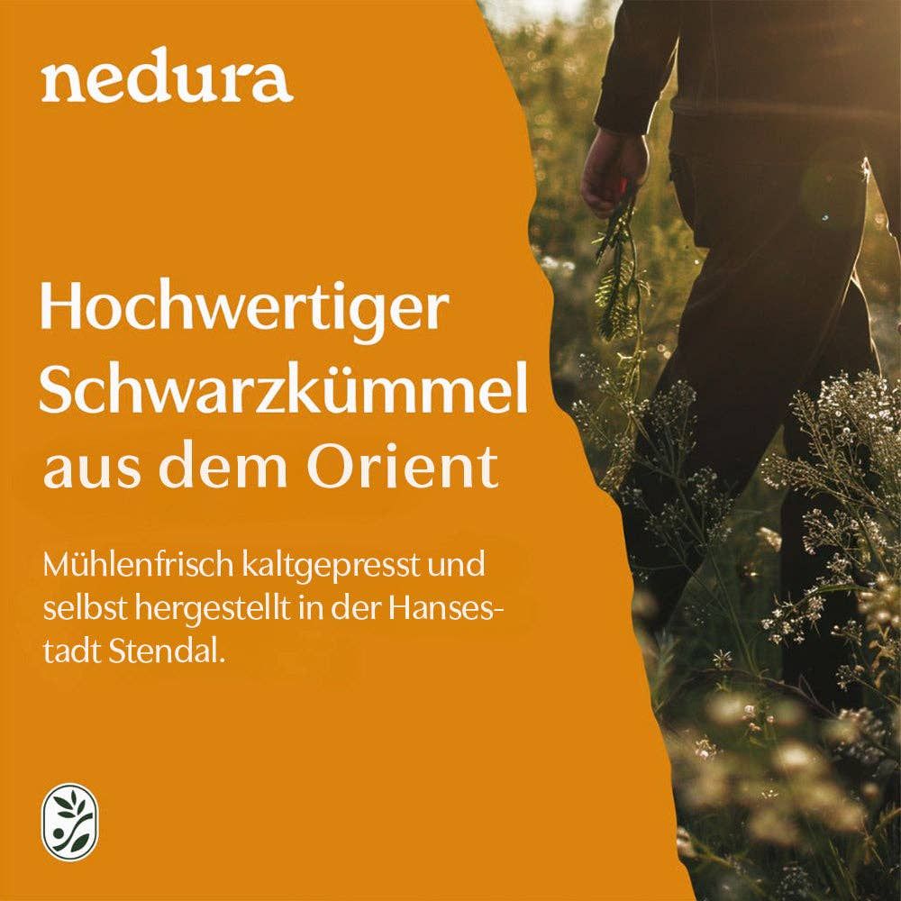 Person im Feld. Text: Hochwertiger Schwarzkümmel aus dem Orient. Marke nedura.